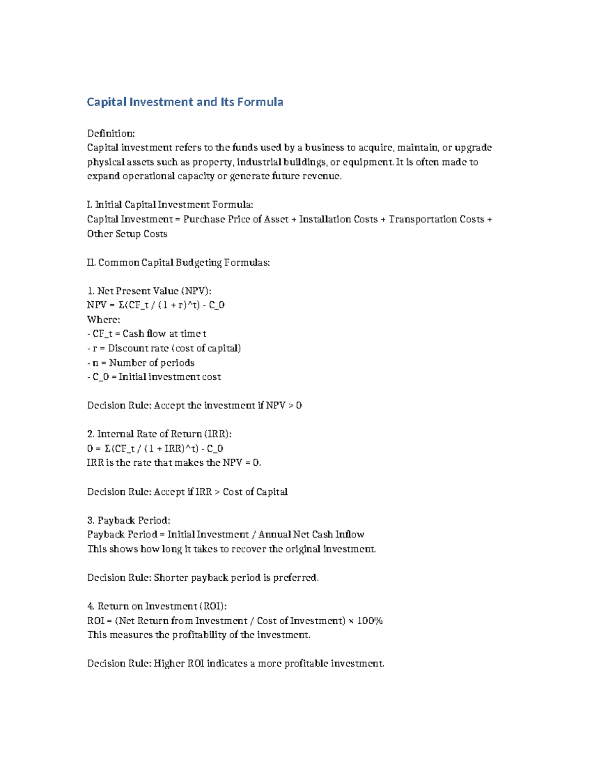 Capital Investment Formulas and Definitions: Key Concepts - Studocu