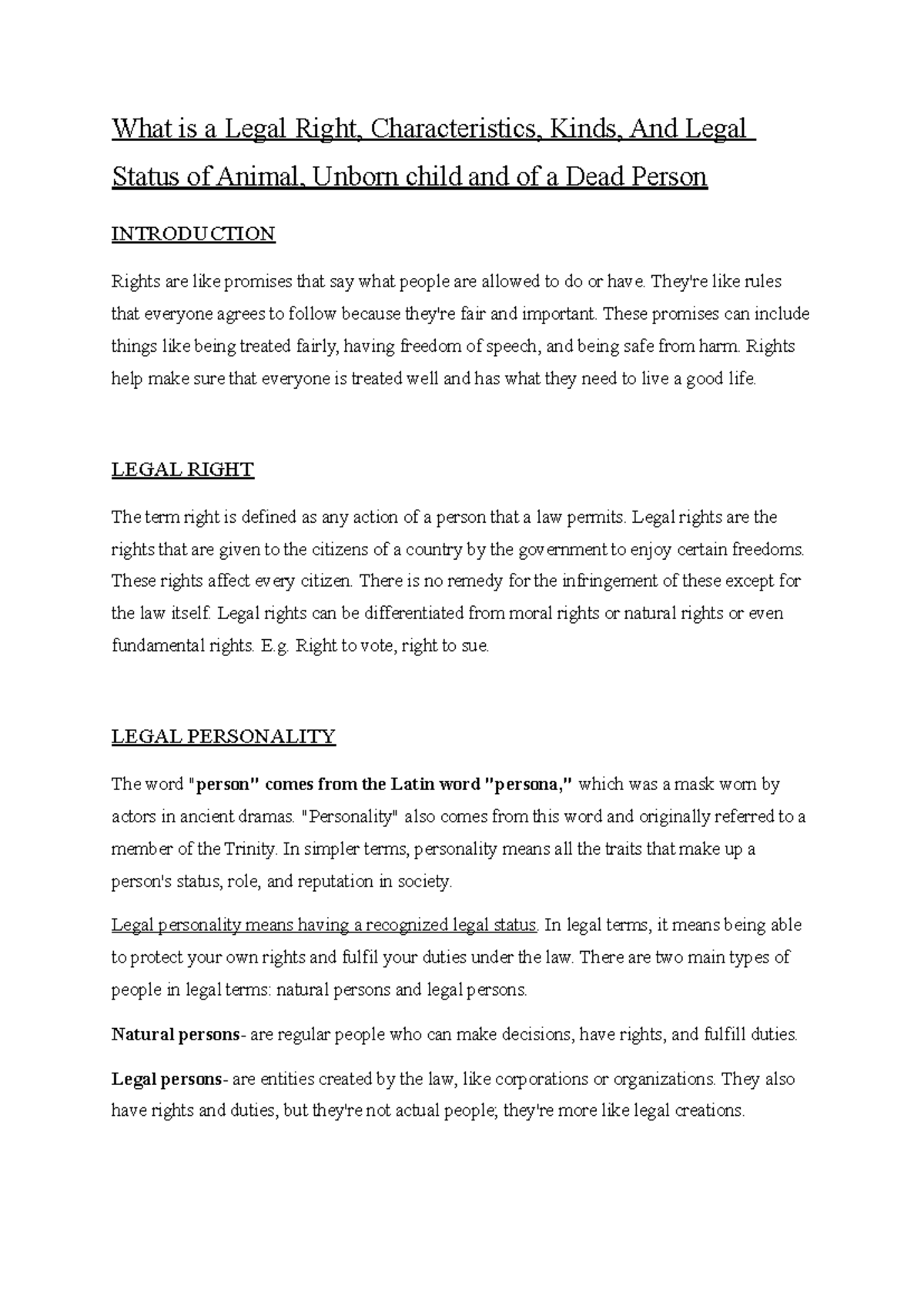 Legal Rights: Characteristics, Types, and Status of Animals, Unborn ...