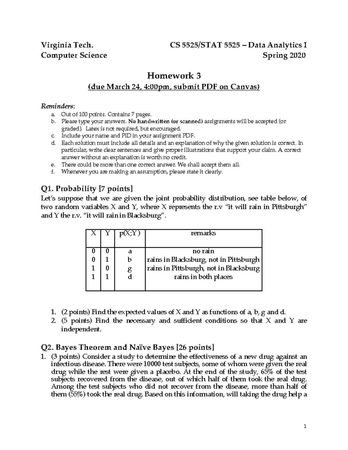 CS 5525 - Data Analytics I - Homework 3 (Due March 24, 2020) - Studocu