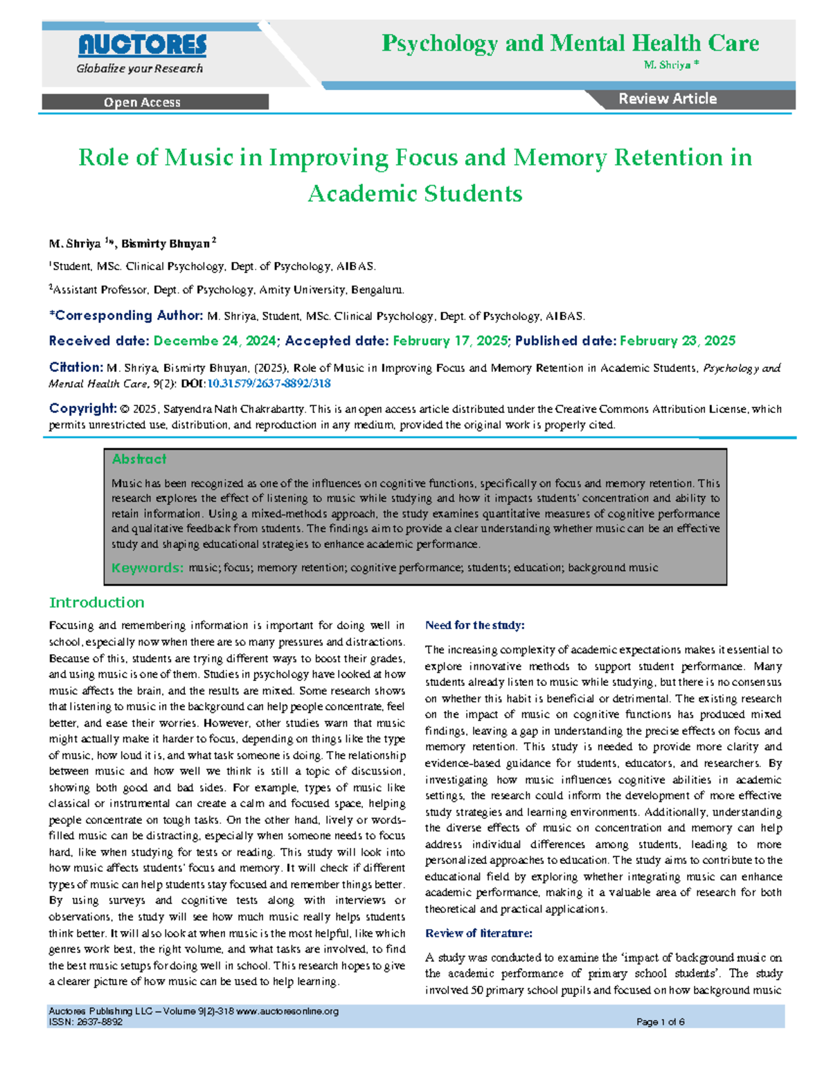 AUCTORES J. Psychology and Mental Health Care: Music's Impact on Focus ...
