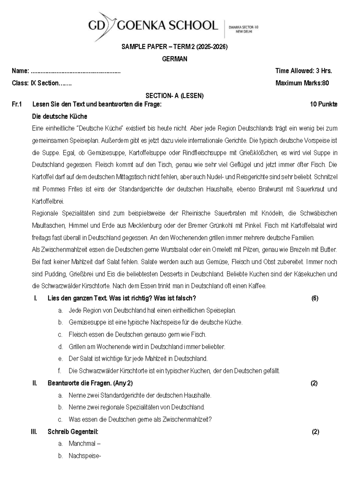 German Sample Paper Class IX 2025-2026: Term 2 Exam - Studocu