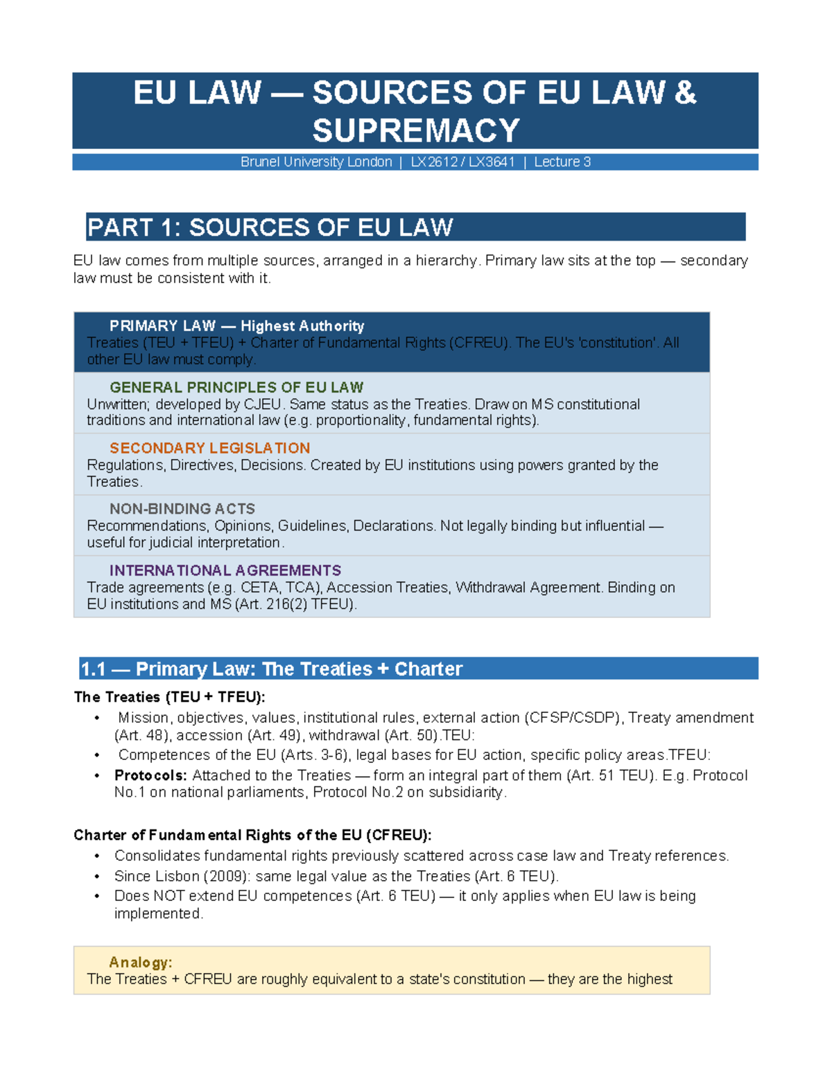 EU LAW LX2612 LX3641 Lecture 3: Sources and Supremacy Explained - Studocu