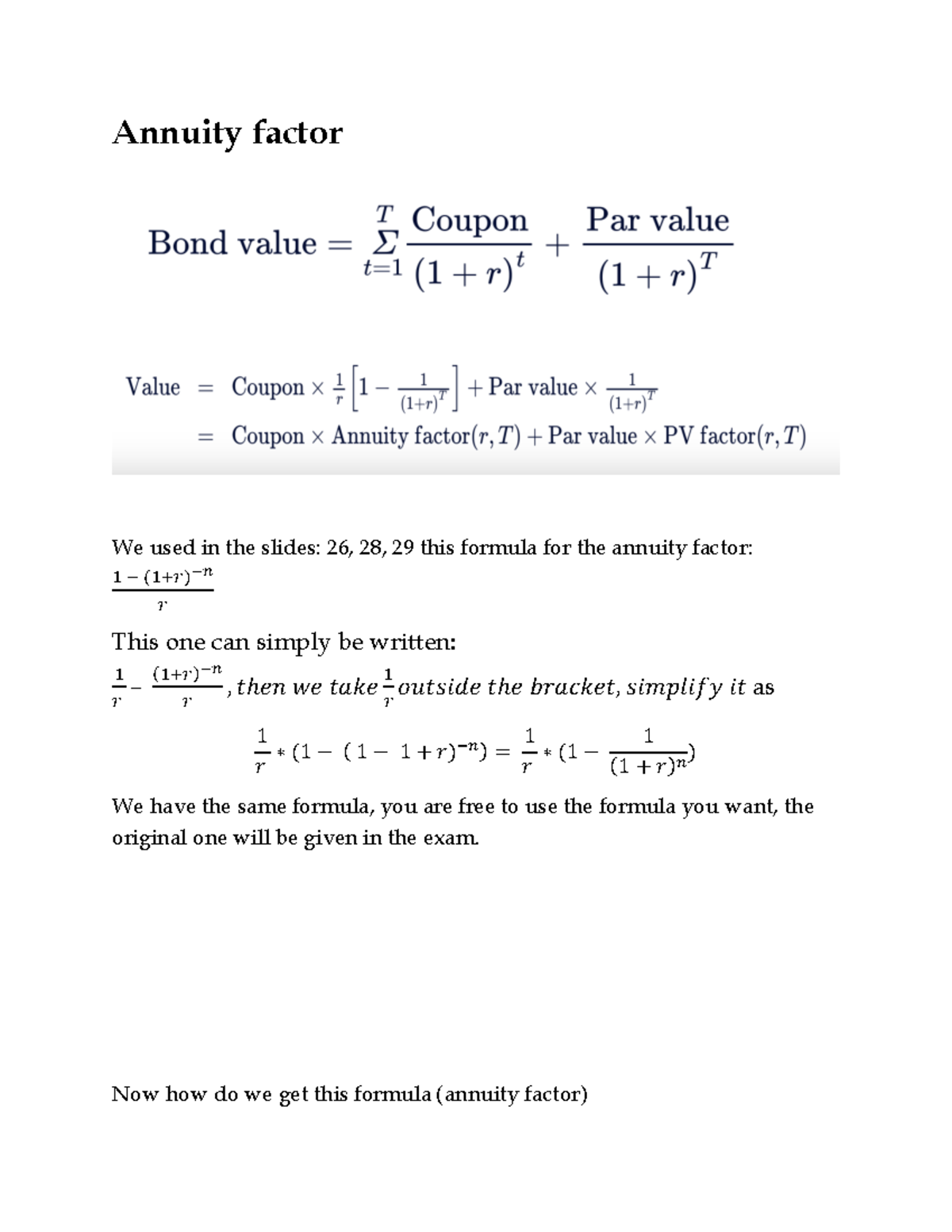 Annuity Factor Calculation - Formula for Coupon Bonds (Course Code ...