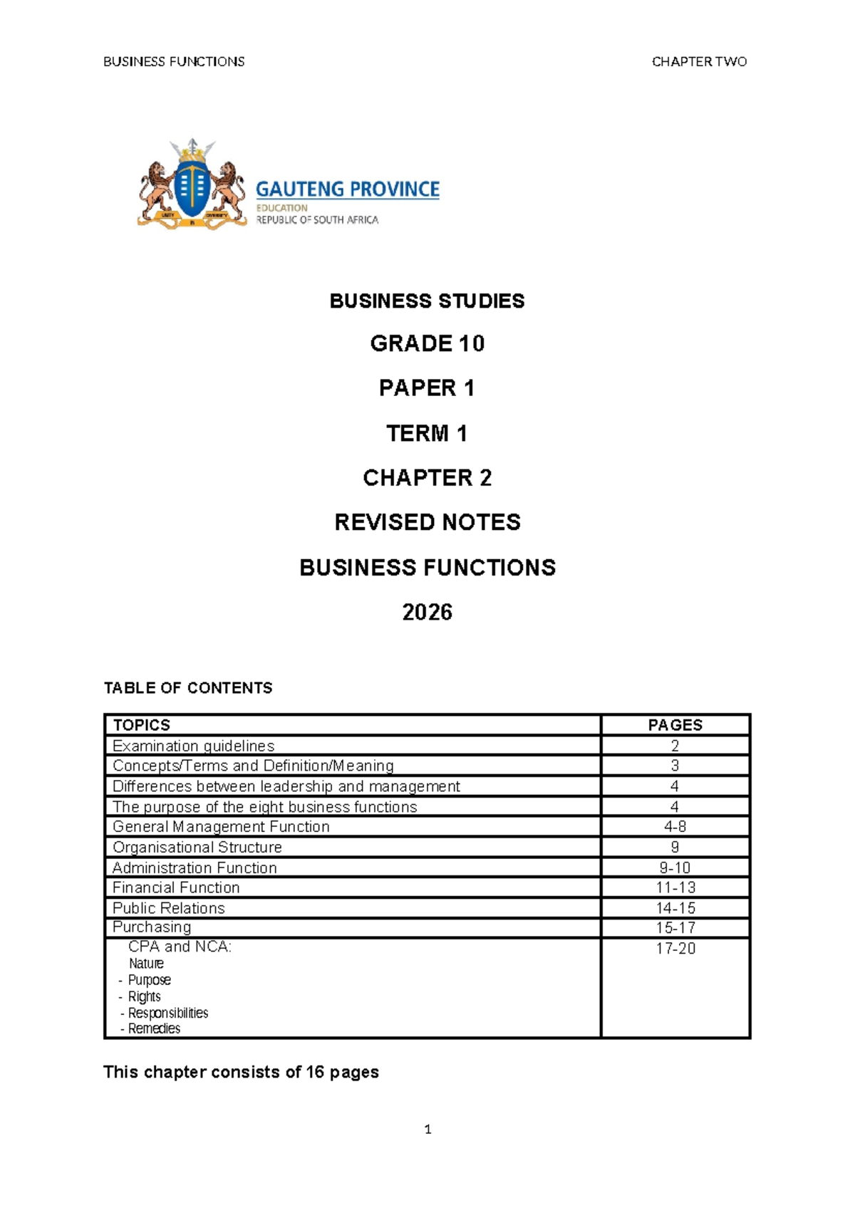 Chapter 2 Business Functions Notes - Business Studies Grade 10 Term 1 ...