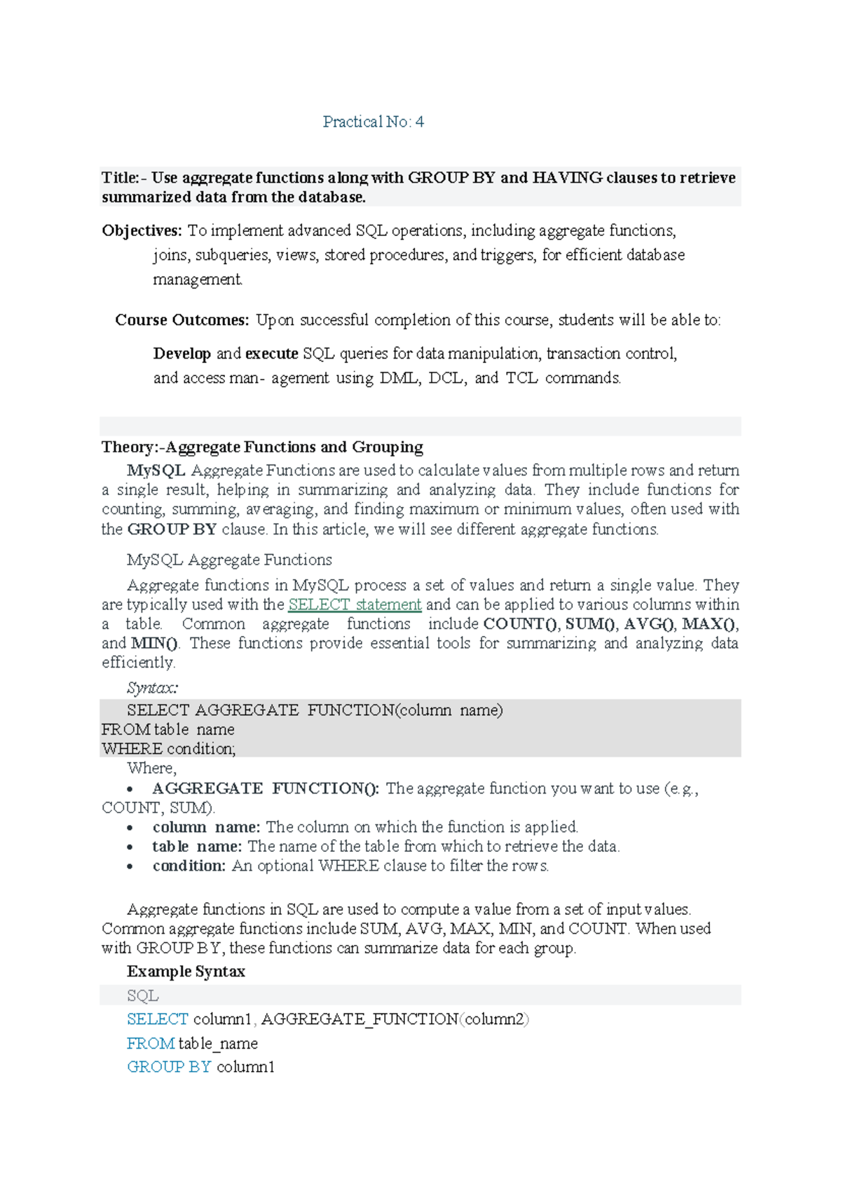 DBMS Practical No 4 - Using Aggregate Functions with GROUP & HAVING ...