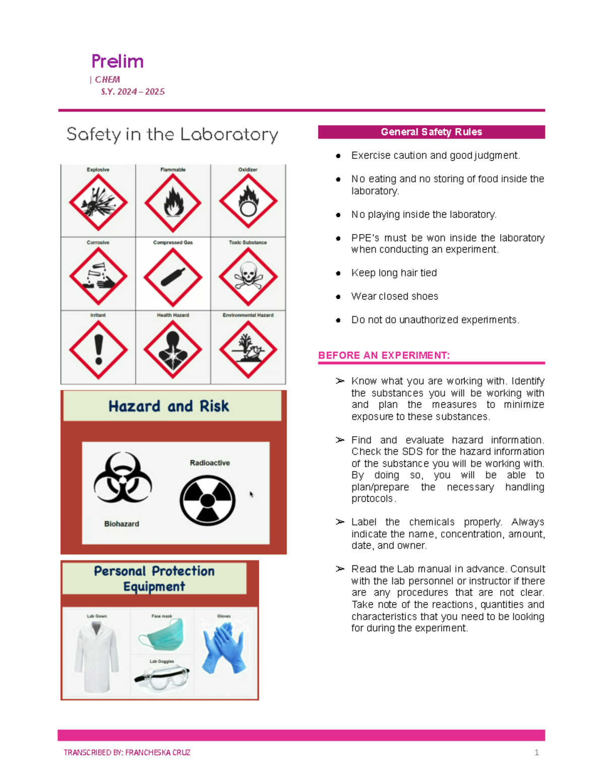 Chem - chem notes - Prelim | CHEM S. 2024 – 2025 Safety in the ...