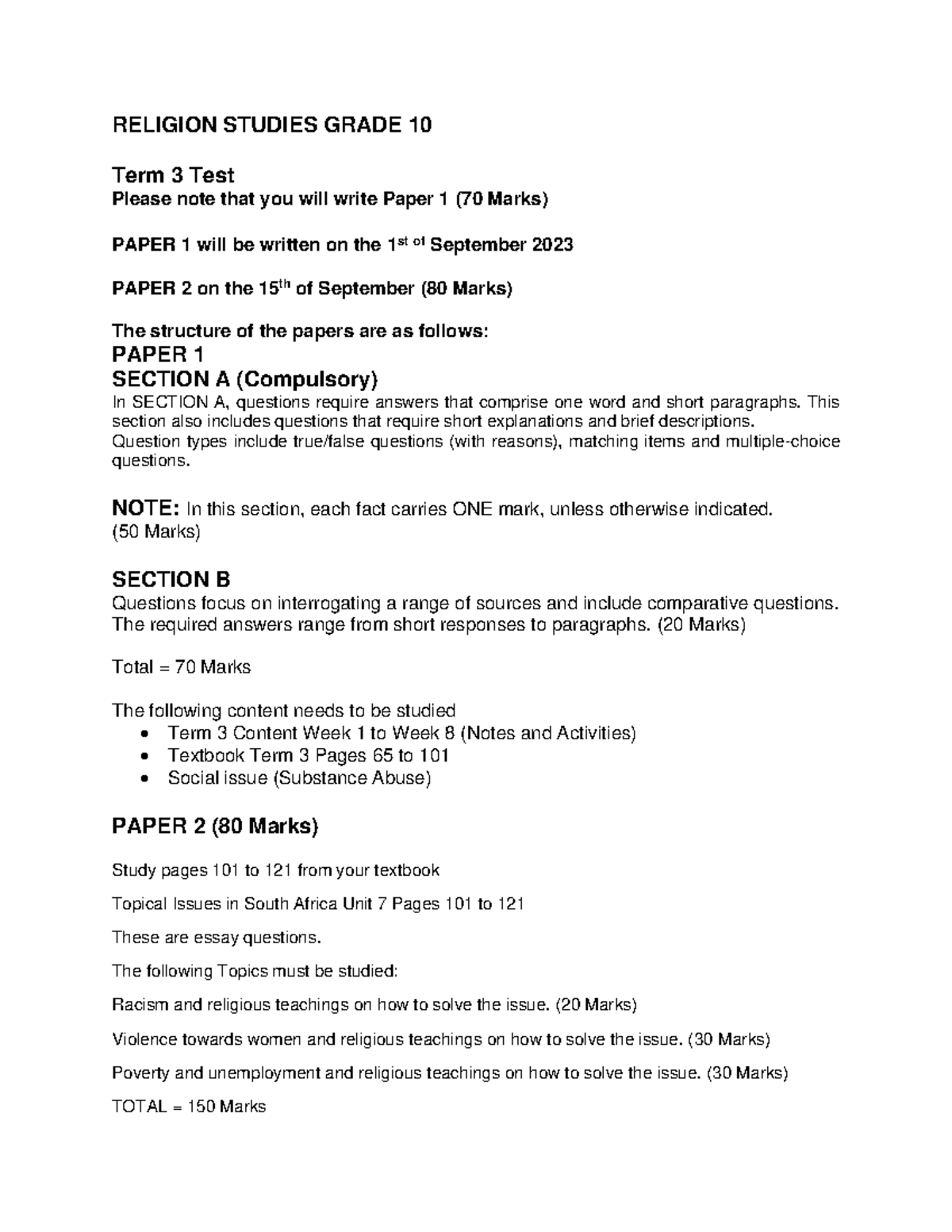 20223 RS Grade 10 Term 3 Test Scope P1 - RELIGION STUDIES GRADE 10 Term ...
