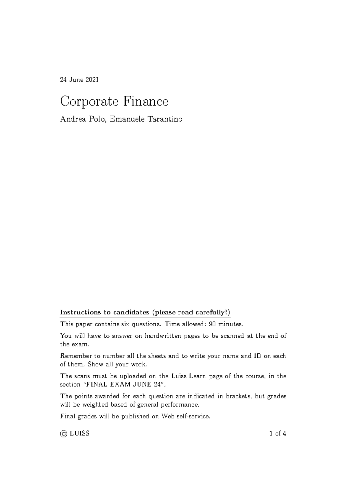 Corporate Finance Final Exam Instructions - June 24, 2021 - Studocu