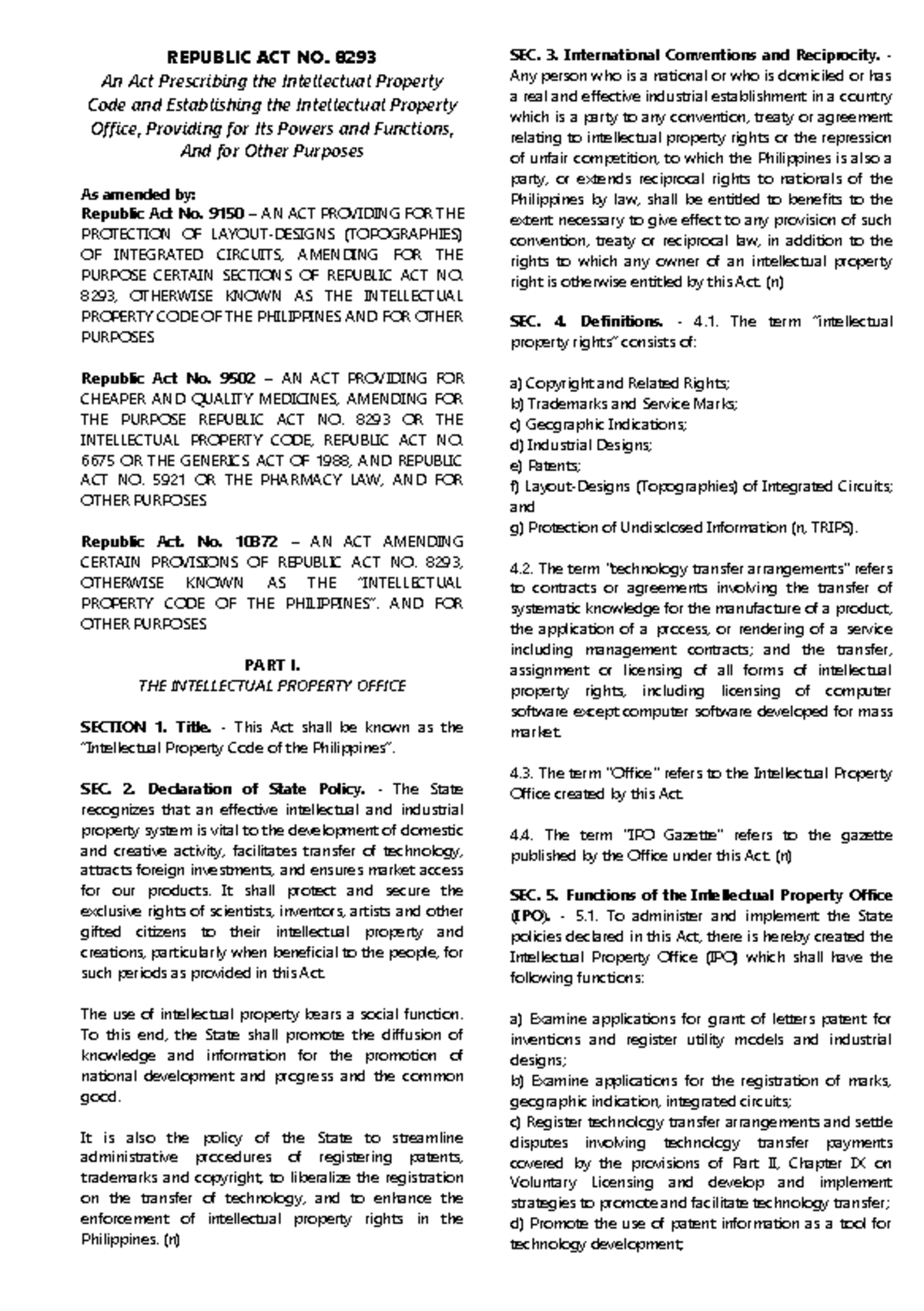 IPL - Summary of the Intellectual Property Code (RA 8293) - Studocu