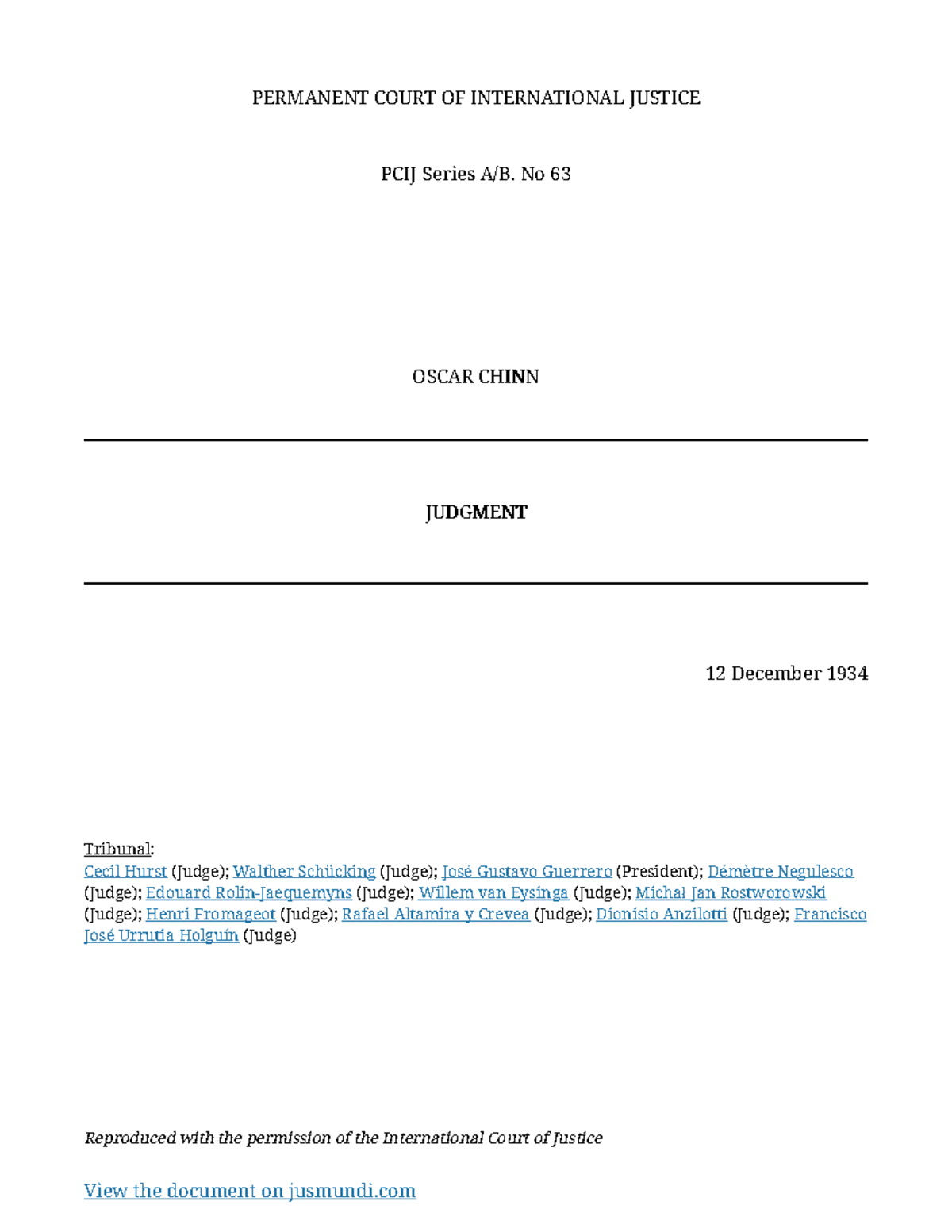 PCIJ Series A/B No. 63: Judgment on Oscar Chinn Case (Dec 12, 1934 ...