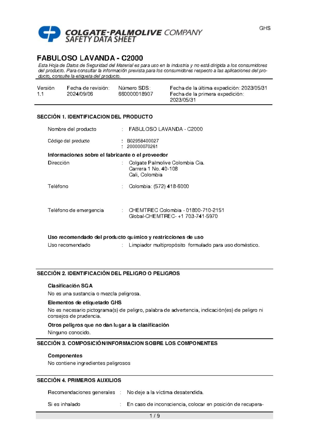 Hoja de Datos de Seguridad: Fabuloso Antibacterial Lavanda - C (SDS) - Document Preview