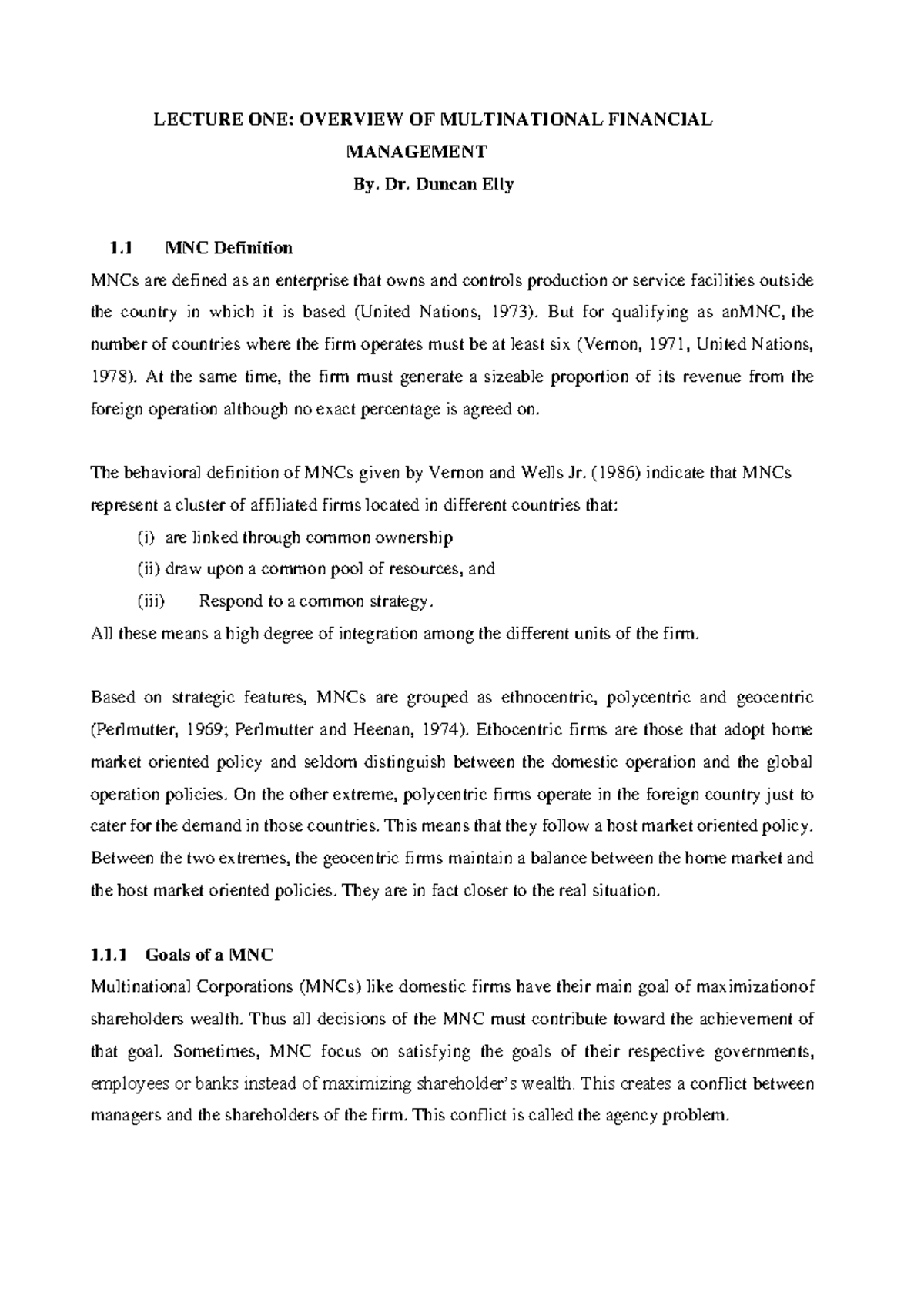LECTURE 1: OVERVIEW OF MULTINATIONAL FINANCIAL MANAGEMENT (MNC NOTES ...