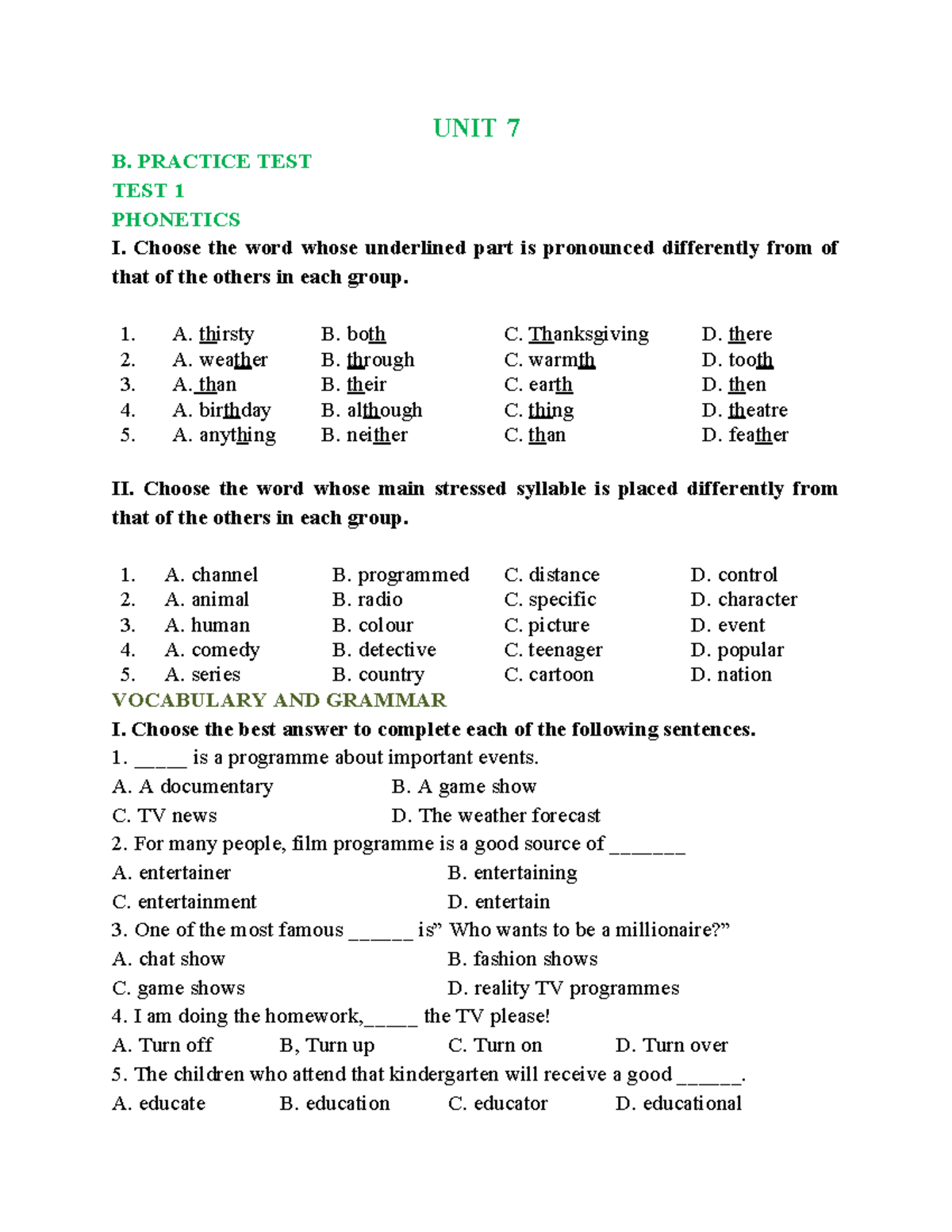Unit 7 & 8 Practice Test: Phonetics, Vocabulary, and Grammar Review ...