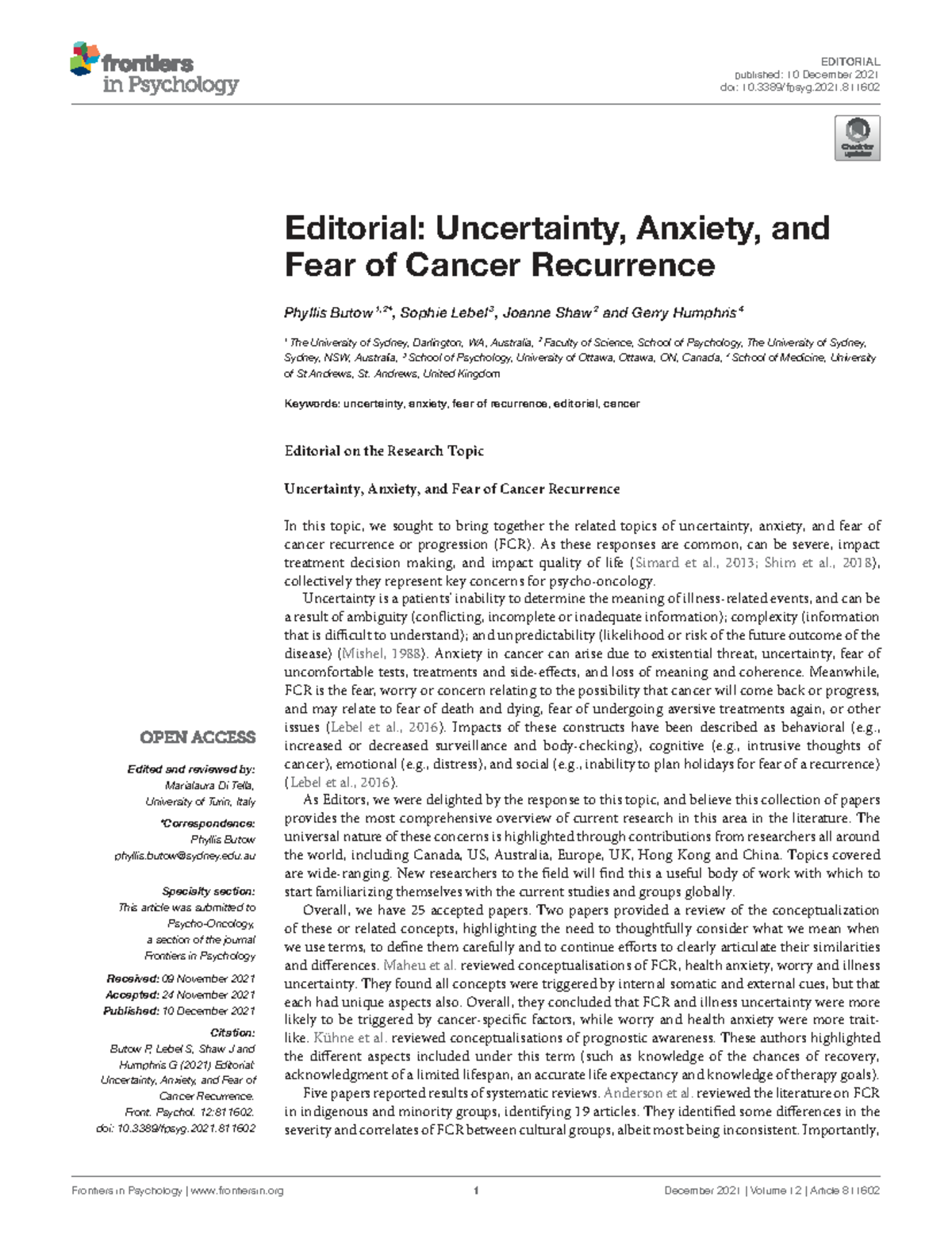 Editorial: Uncertainty, Anxiety, and Fear of Cancer Recurrence in ...