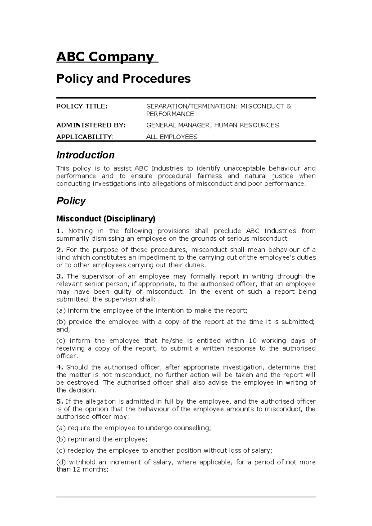 ABC Policy on Misconduct & Performance Management Procedures - Studocu