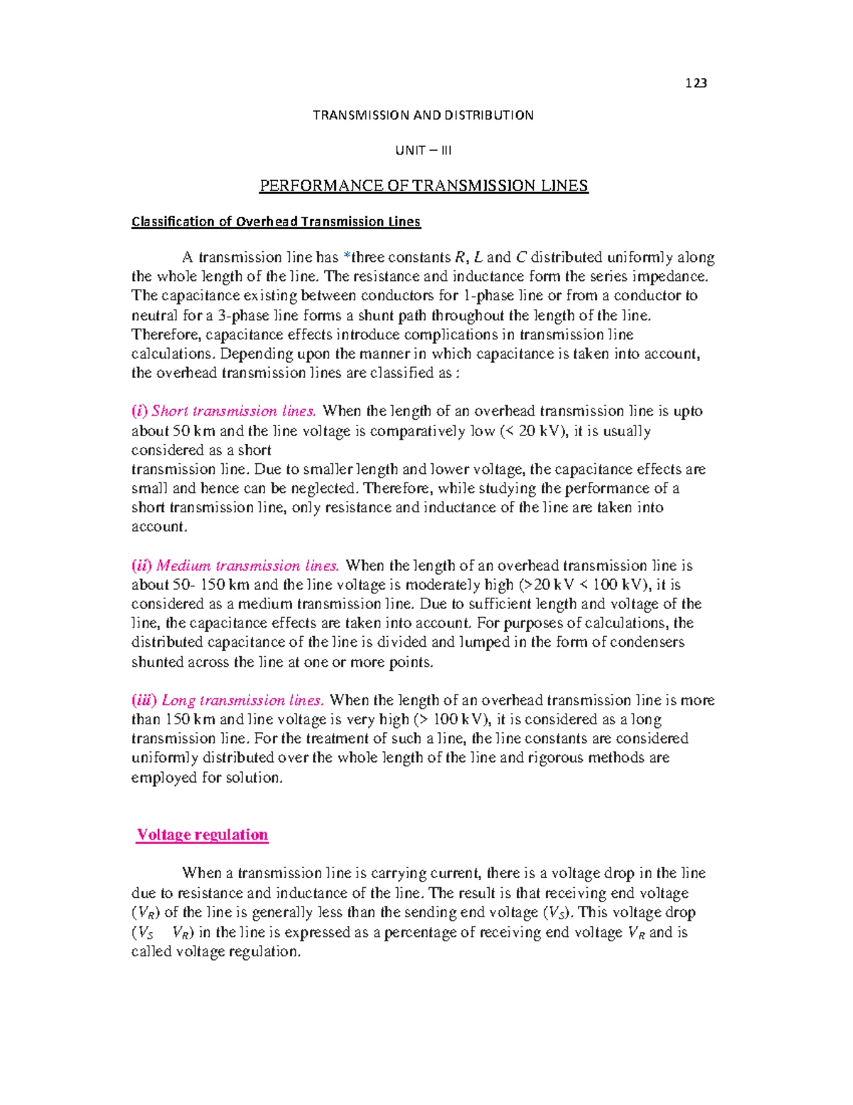 TD(U1) - Transmission and Distribution Lecture Notes - TRANSMISSION AND ...