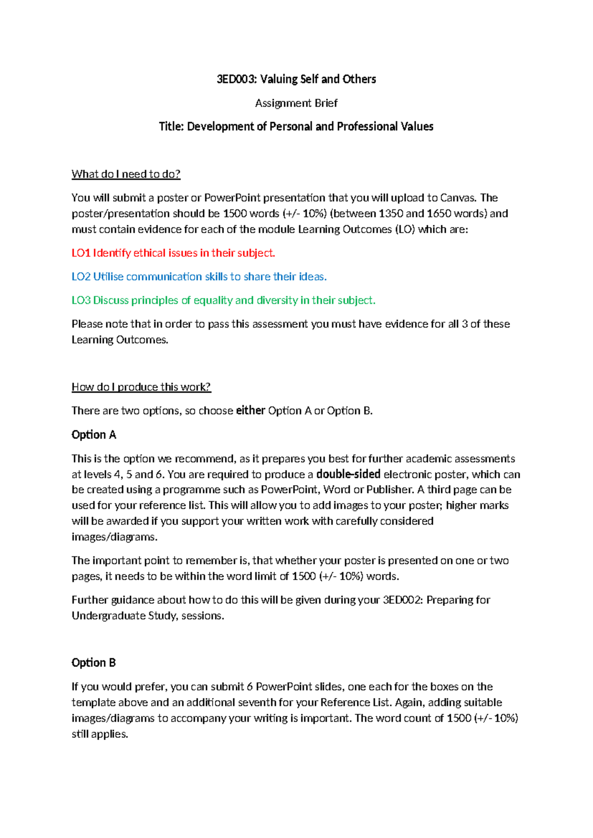 3ED003: Development of Personal & Professional Values Assignment Brief ...
