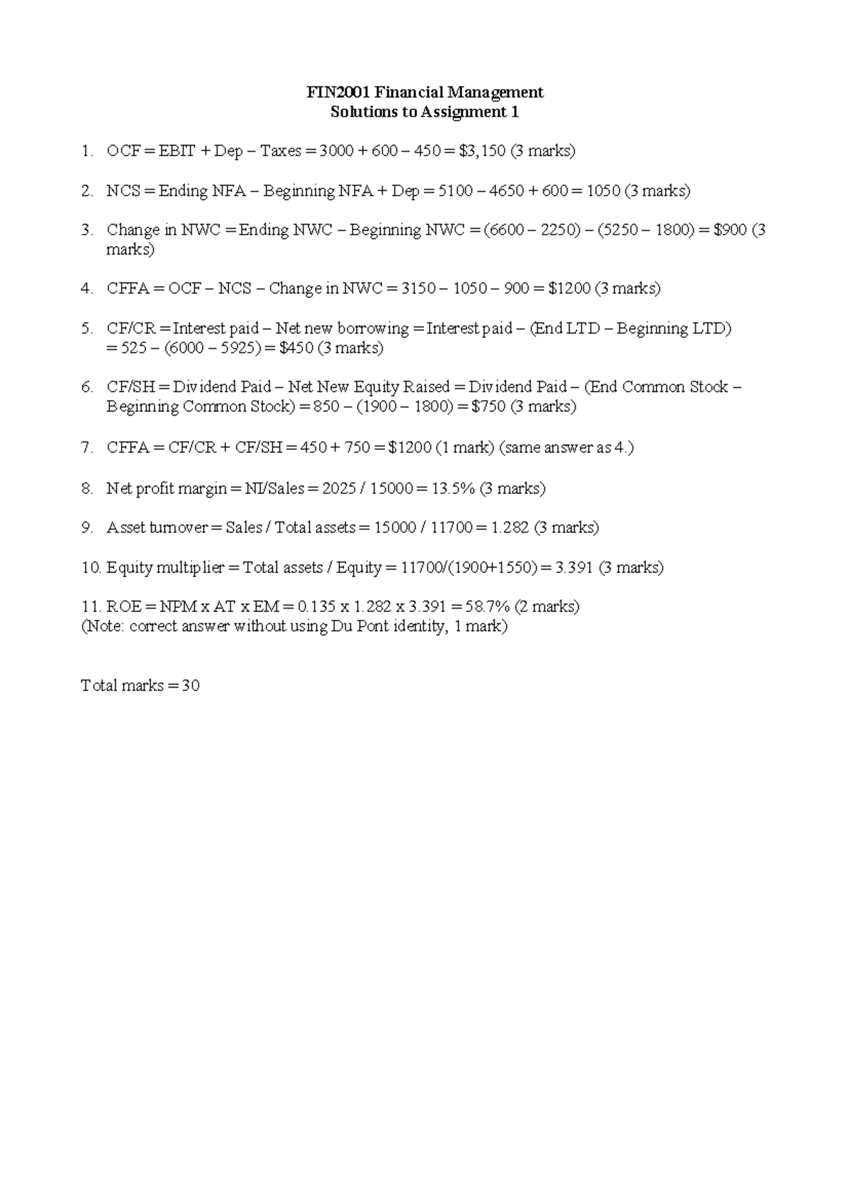 FIN2001 Financial Management Assignment 1 Solutions and Calculations ...