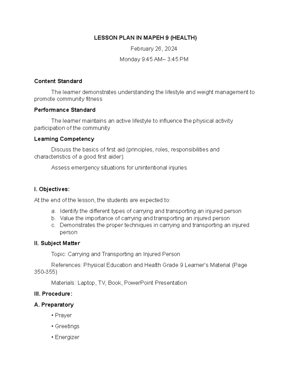 GRADE 9 MAPEH 9: Active Recreation and Community Fitness Lesson - Studocu