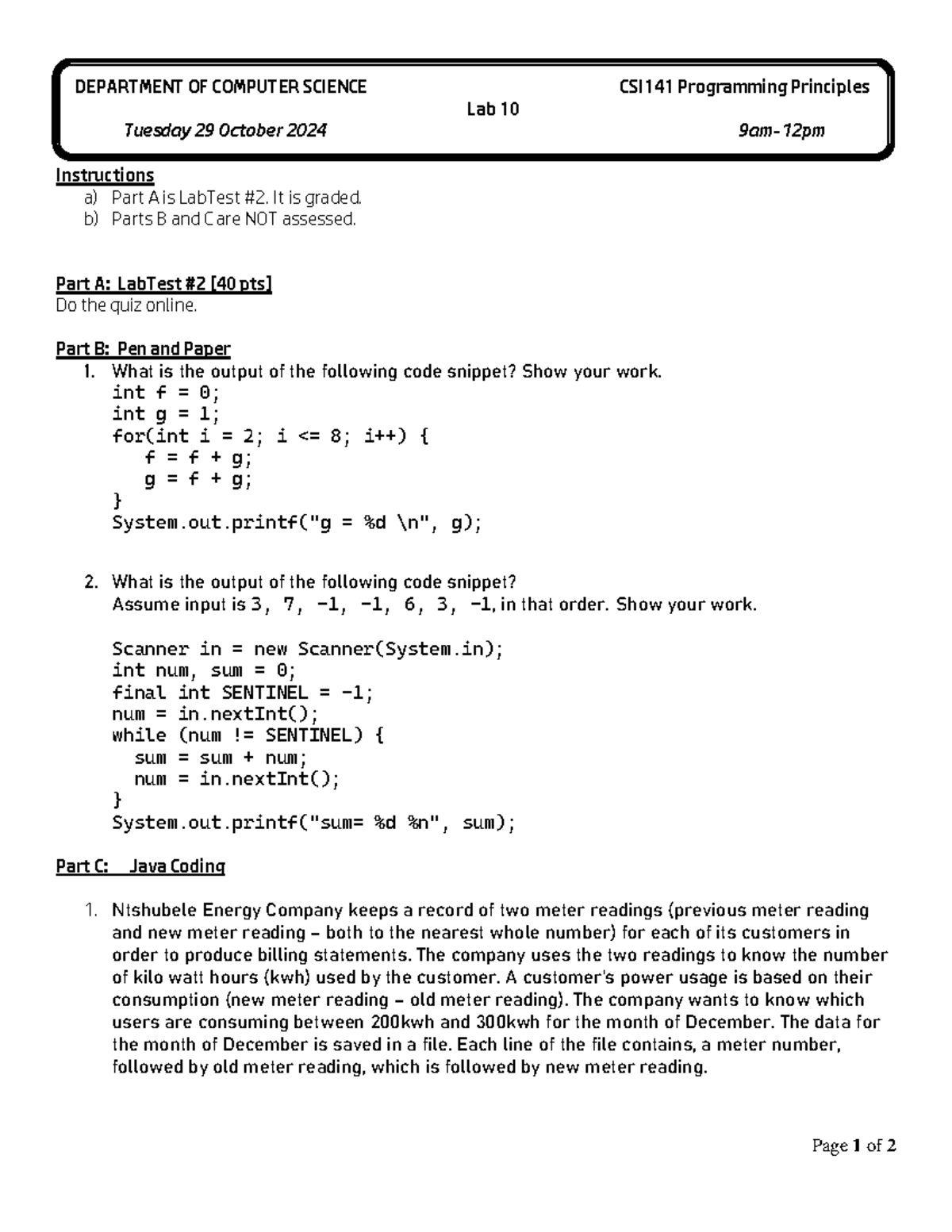 Csi141 lab10-2024 - Csi lab work - Page 1 of 2 Instructions a) Part A ...
