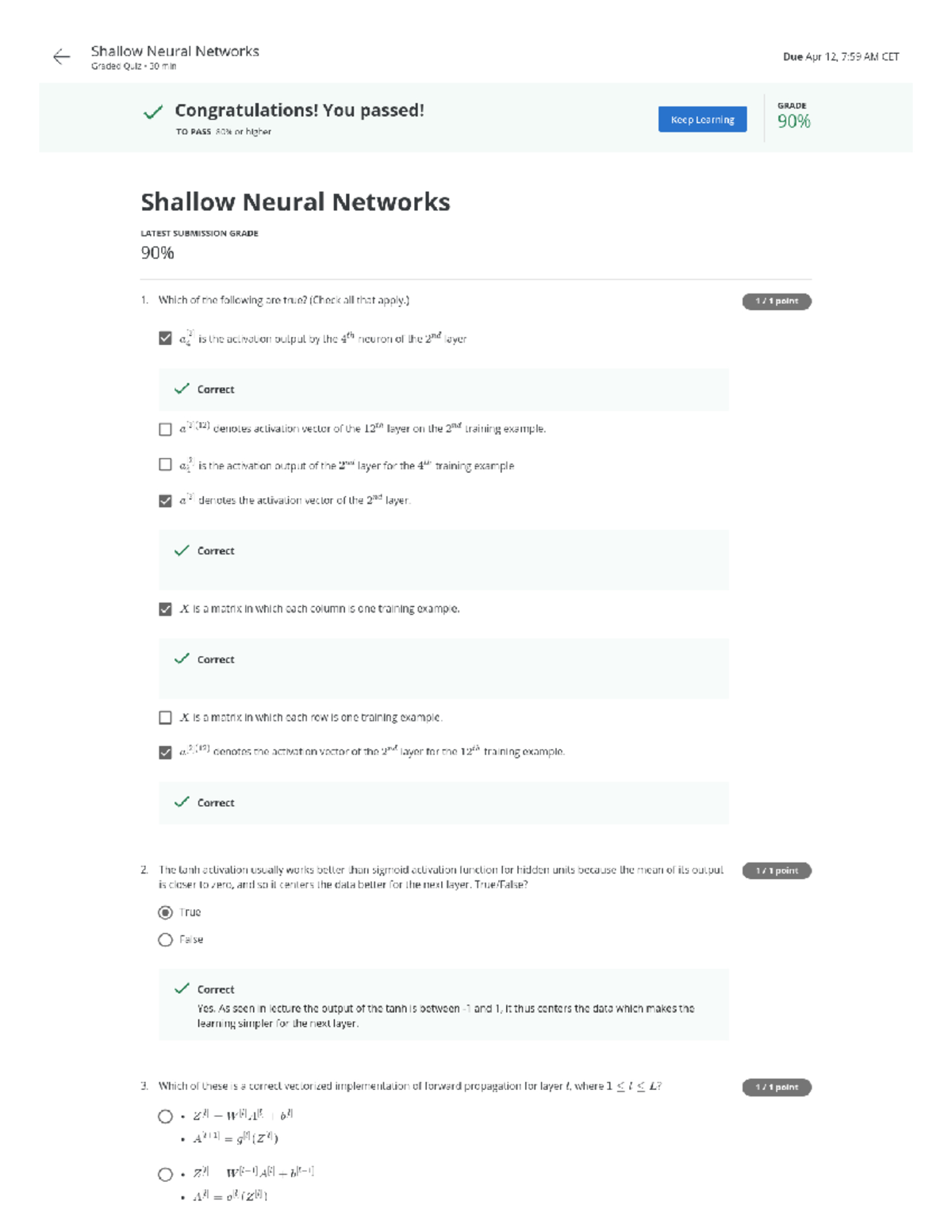 Deep Learning Neural Networks Quiz 3 - Shallow Networks Insights - Studocu