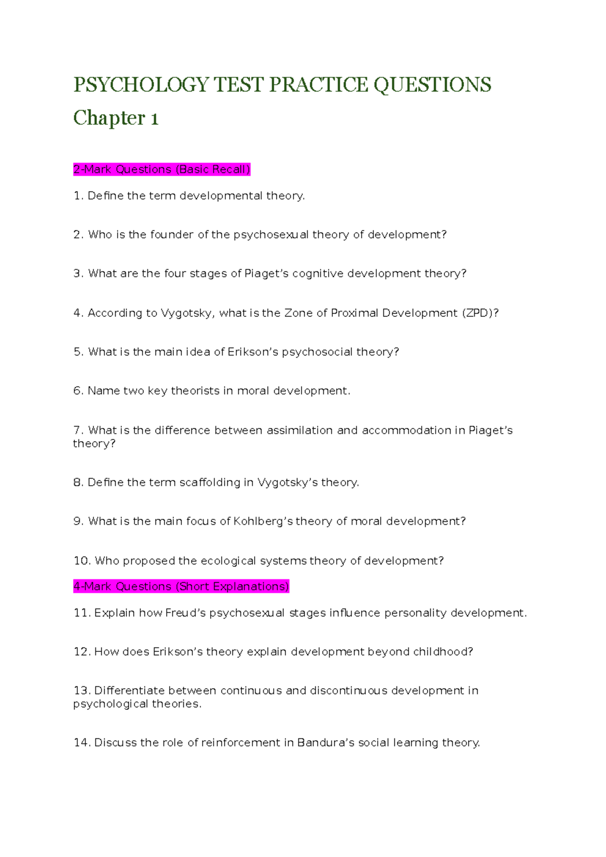 PSY 101 Final Exam Practice Questions: Developmental Theories - Studocu