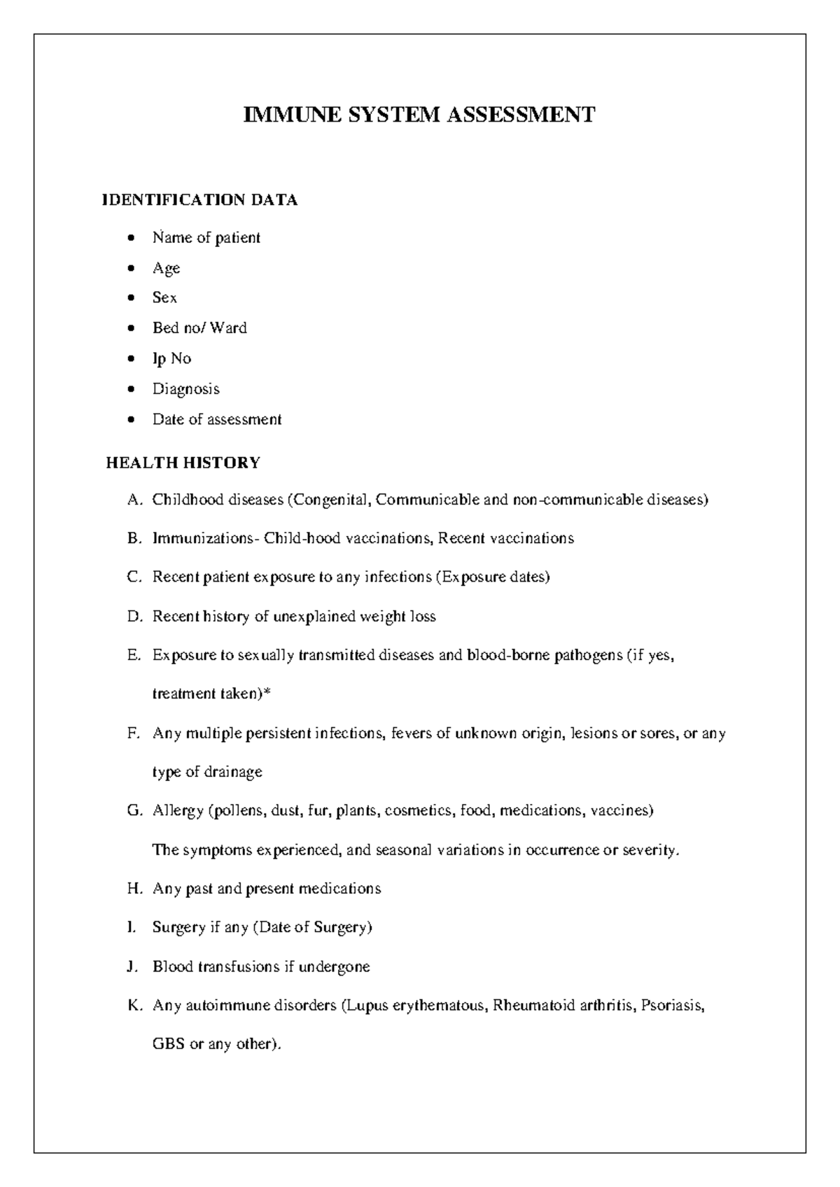 Immune System Assessment Overview and Health History Analysis - Document Preview