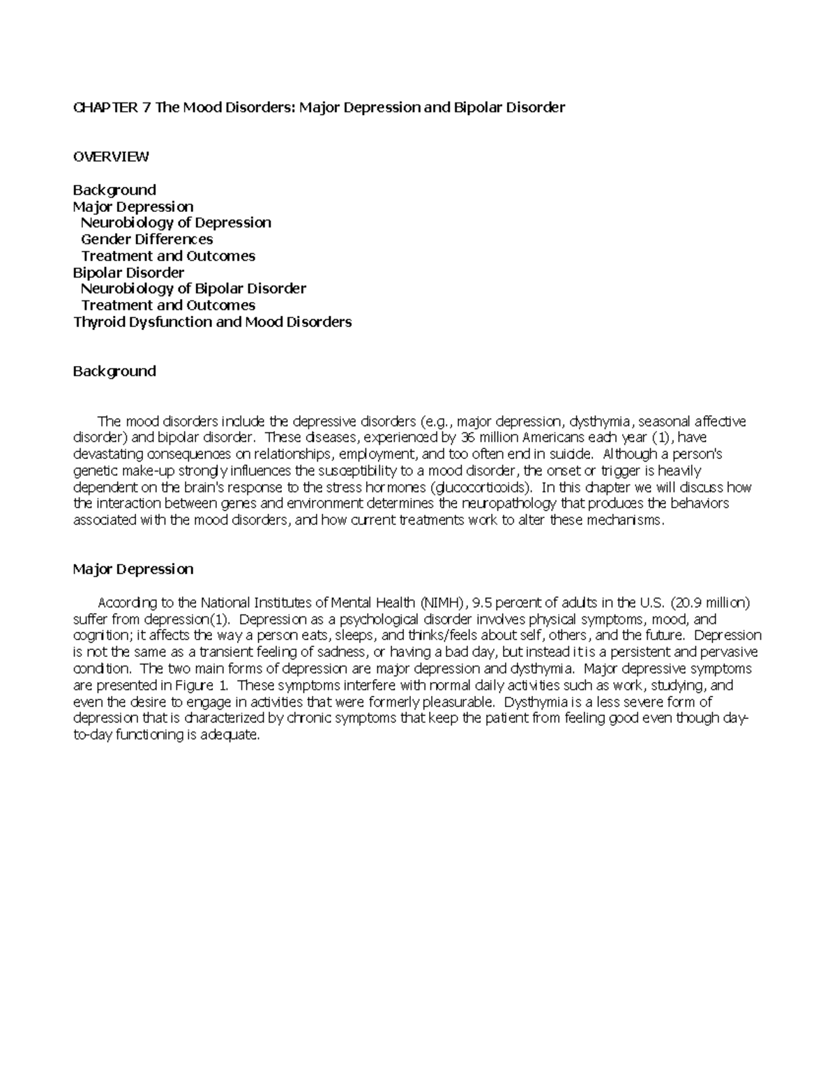CHAPTER 7: Overview of Major Depression & Bipolar Disorder (MD 301 ...