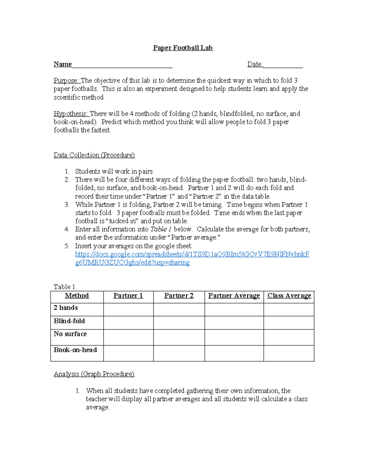Paper Football Lab (Scientific Method Lab) - Paper Football Lab Name