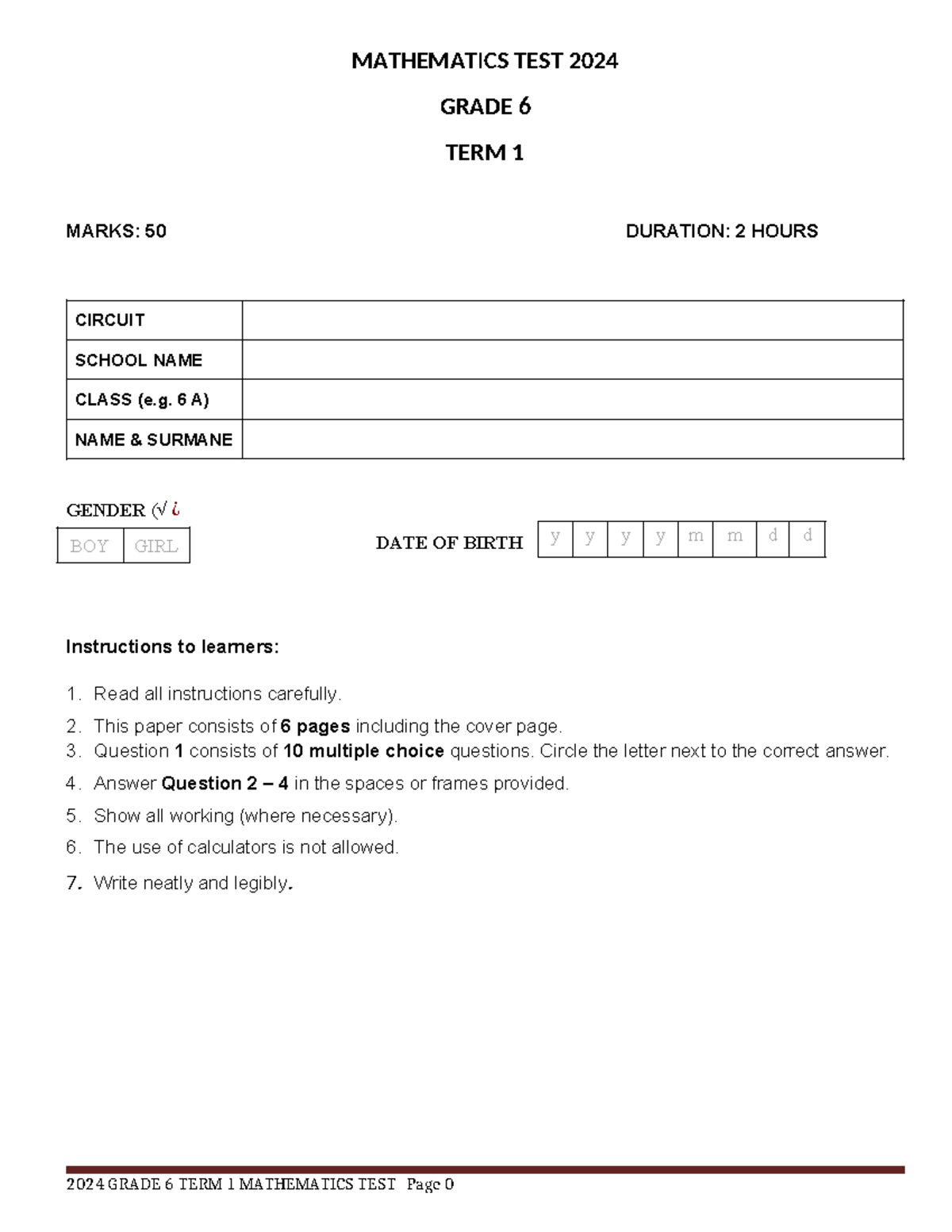 Grade 6 Mathematics TEST TERM 1 2024 021139 - Practice Paper - Studocu