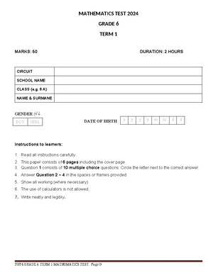 Grade 6 Math Term 1 Test Framework 2024: Assessment Overview - Studocu