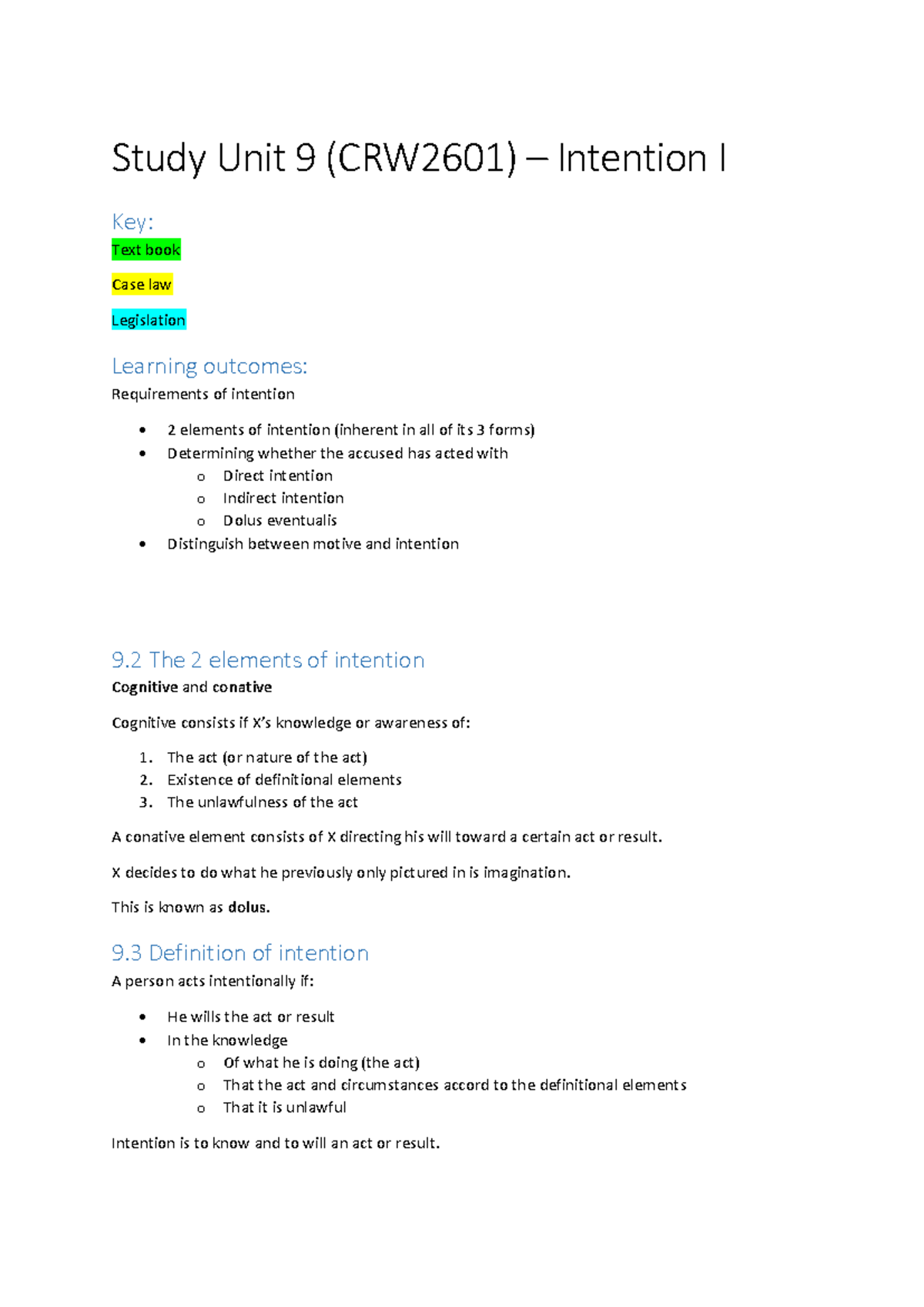 CRW2601 Study Unit 9: Understanding Intention in Criminal Law - Studocu