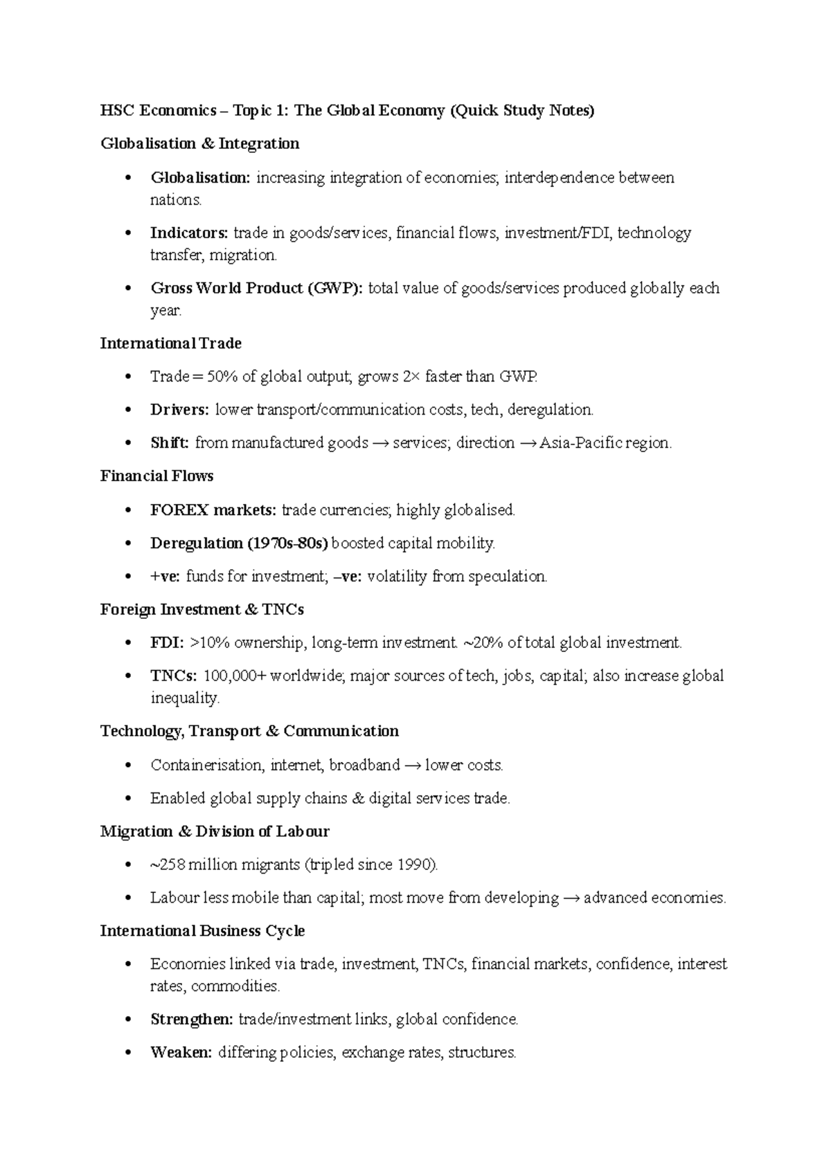 HSC Economics Topic 1: The Global Economy Pre-Exam Notes - Studocu