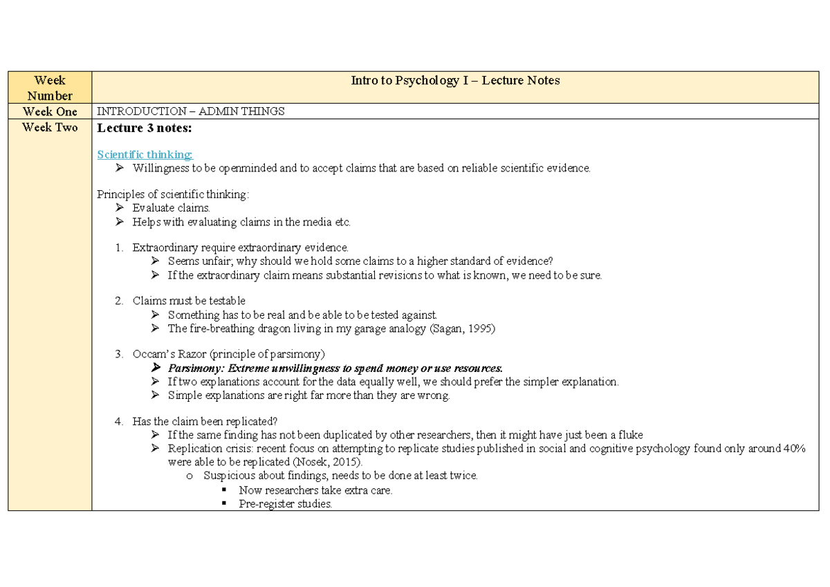 Intro to Psychology I - Lecture Notes Overview and Key Concepts - Studocu