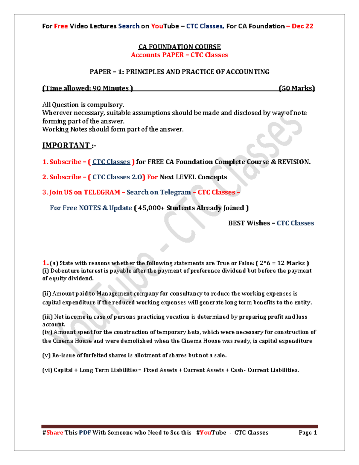 50 Marks Accounts Paper CTC Classes - CA FOUNDATION COURSE Accounts ...