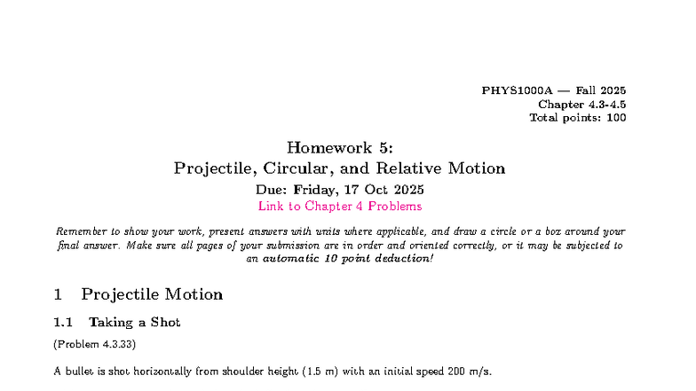 Fall 2025 PHYS 101 Homework 5: Projectile & Circular Motion Problems ...