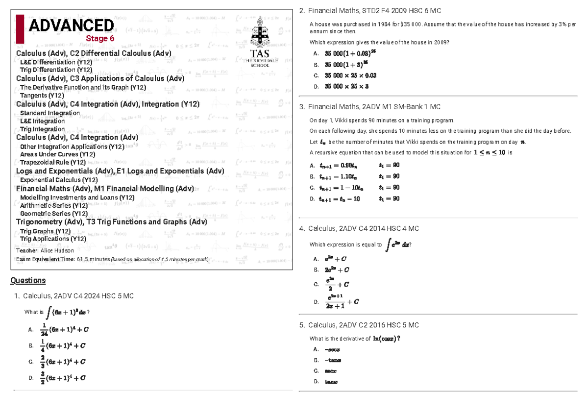 Financial Maths & Calculus Past HSC Questions, 2ADV Revision MC - Studocu