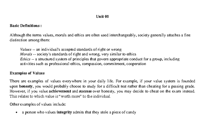 Unit 01: Understanding Values, Morals, and Ethics in Society - Studocu