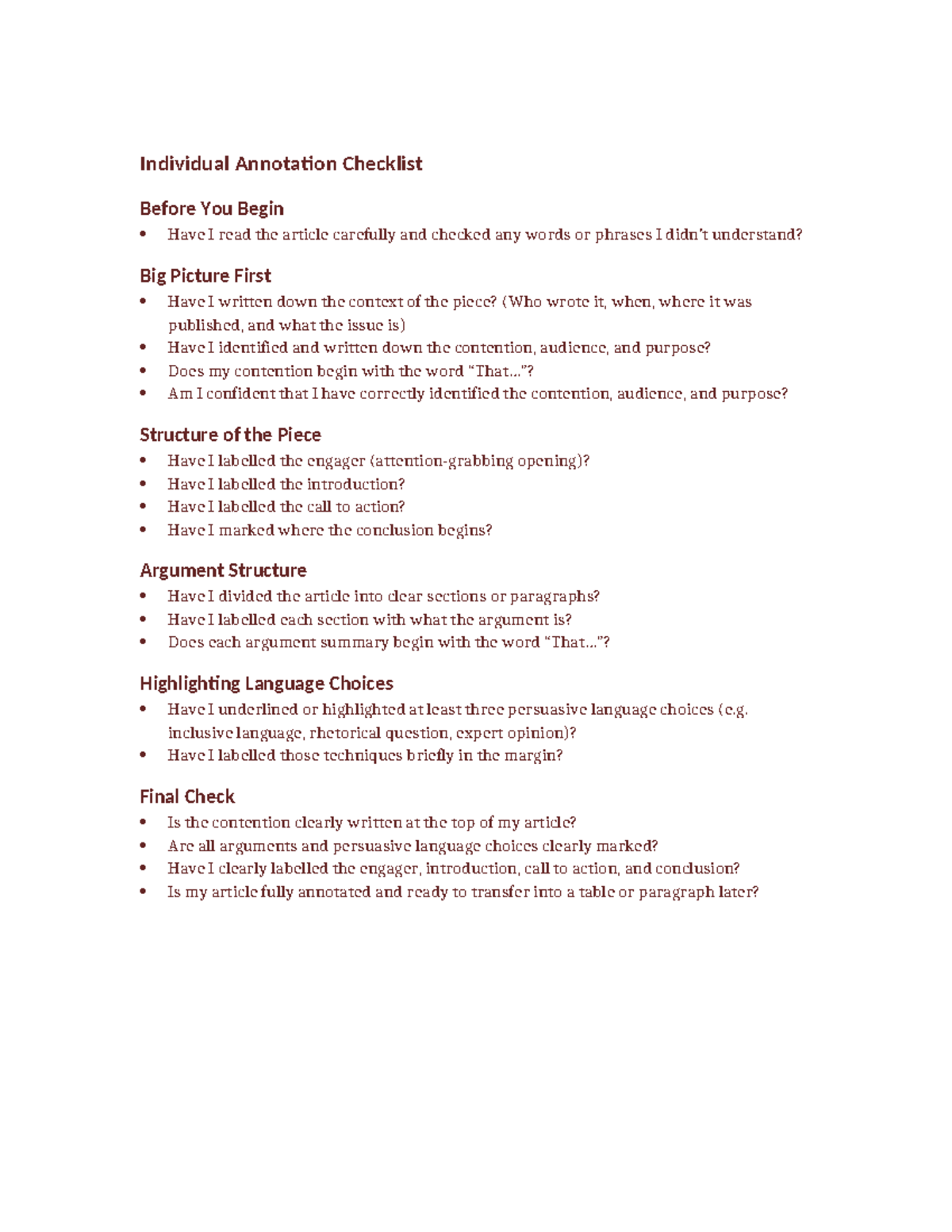 ENG 101: Individual Annotation Checklist for Article Analysis - Studocu