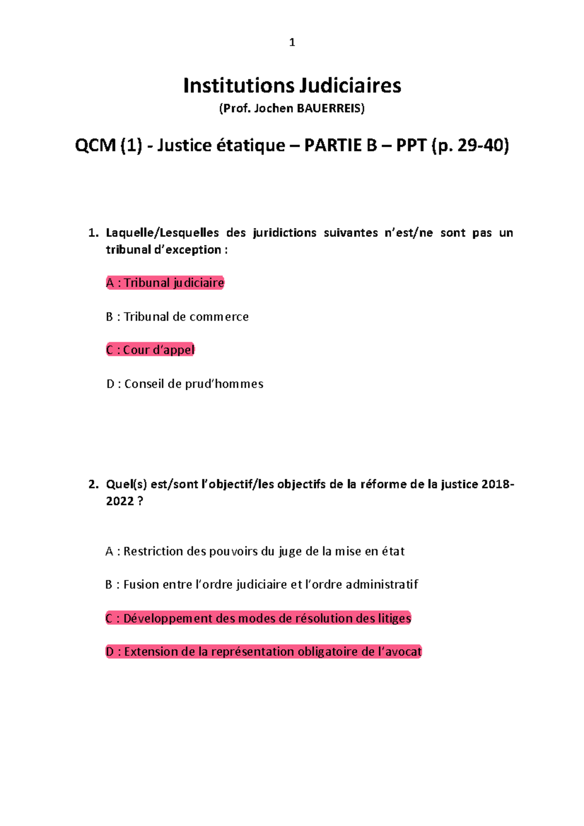 QCM 1 Institutions Judiciaires (Prof. Jochen BAUERREIS) - Partie B ...