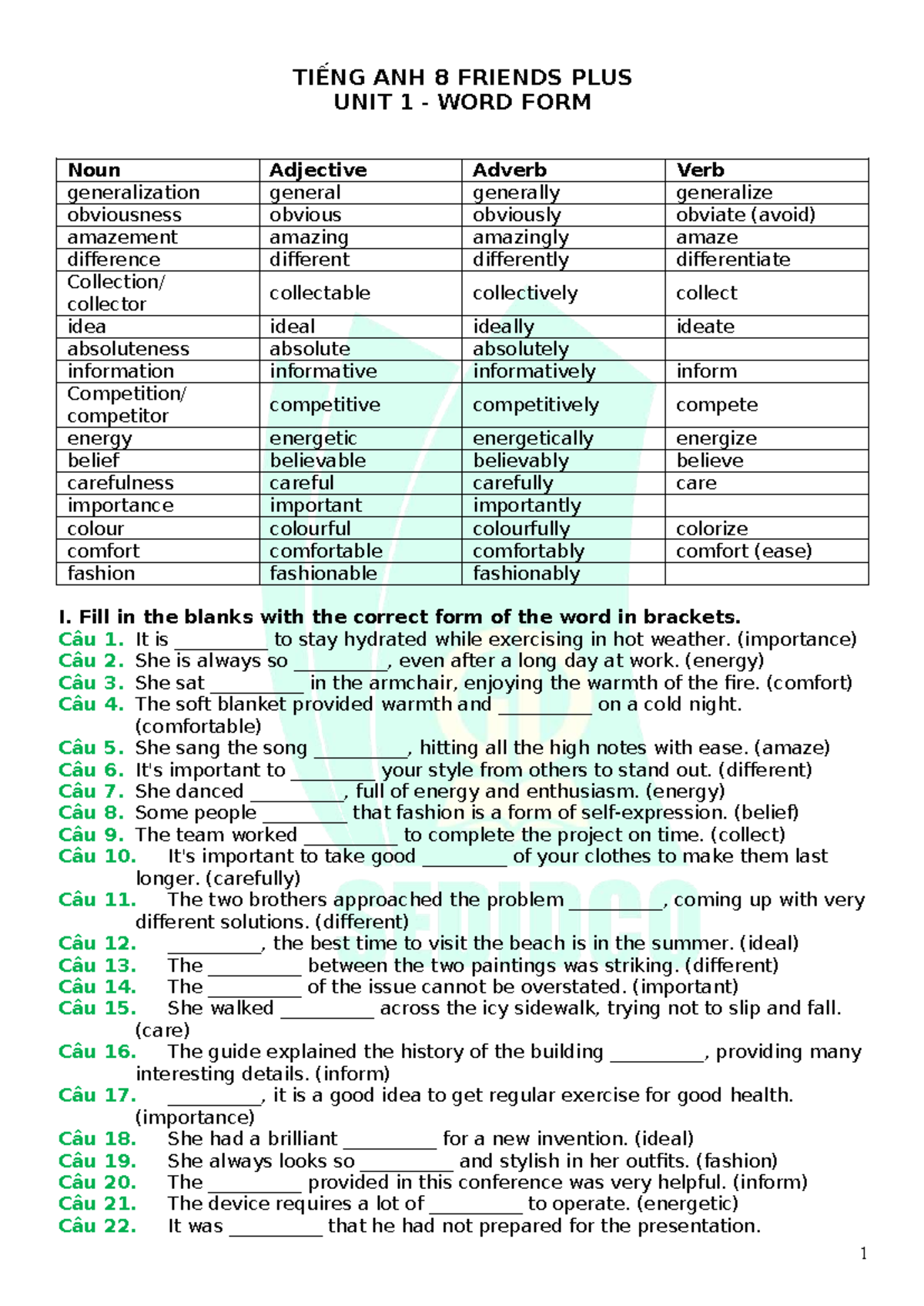 TIẾNG ANH 8 FRIENDS PLUS UNIT 1 WORD FORM EXERCISES AND ANSWERS - Studocu