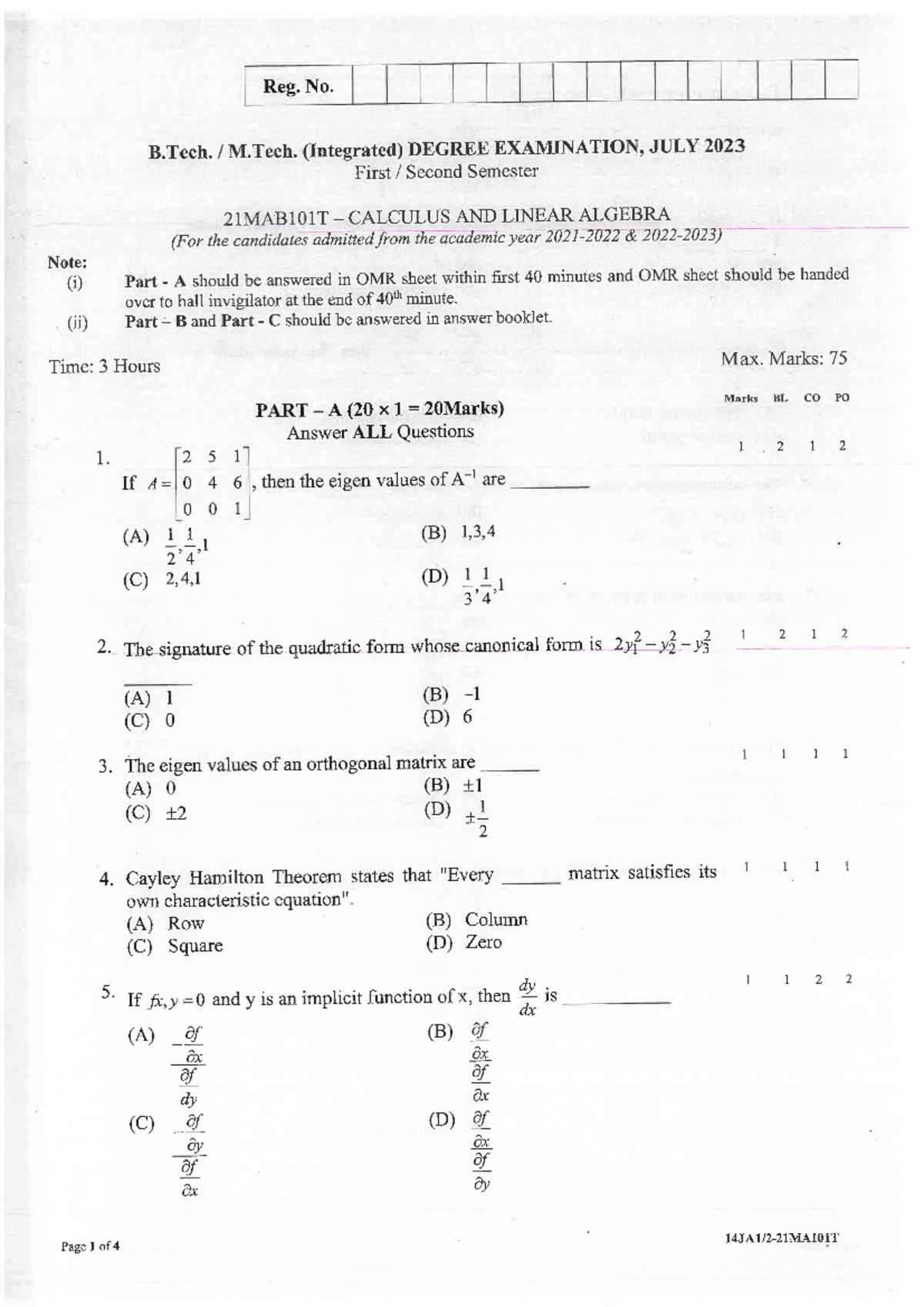 July-2023 - previous year semester answer key - Reg. No. M. (Integrated ...