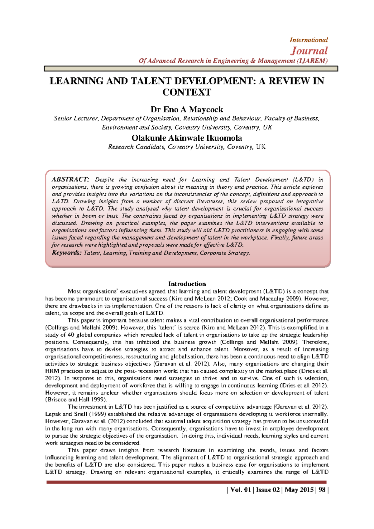 Learning and Talent Development: A Comprehensive Review (IJAREM) - Studocu