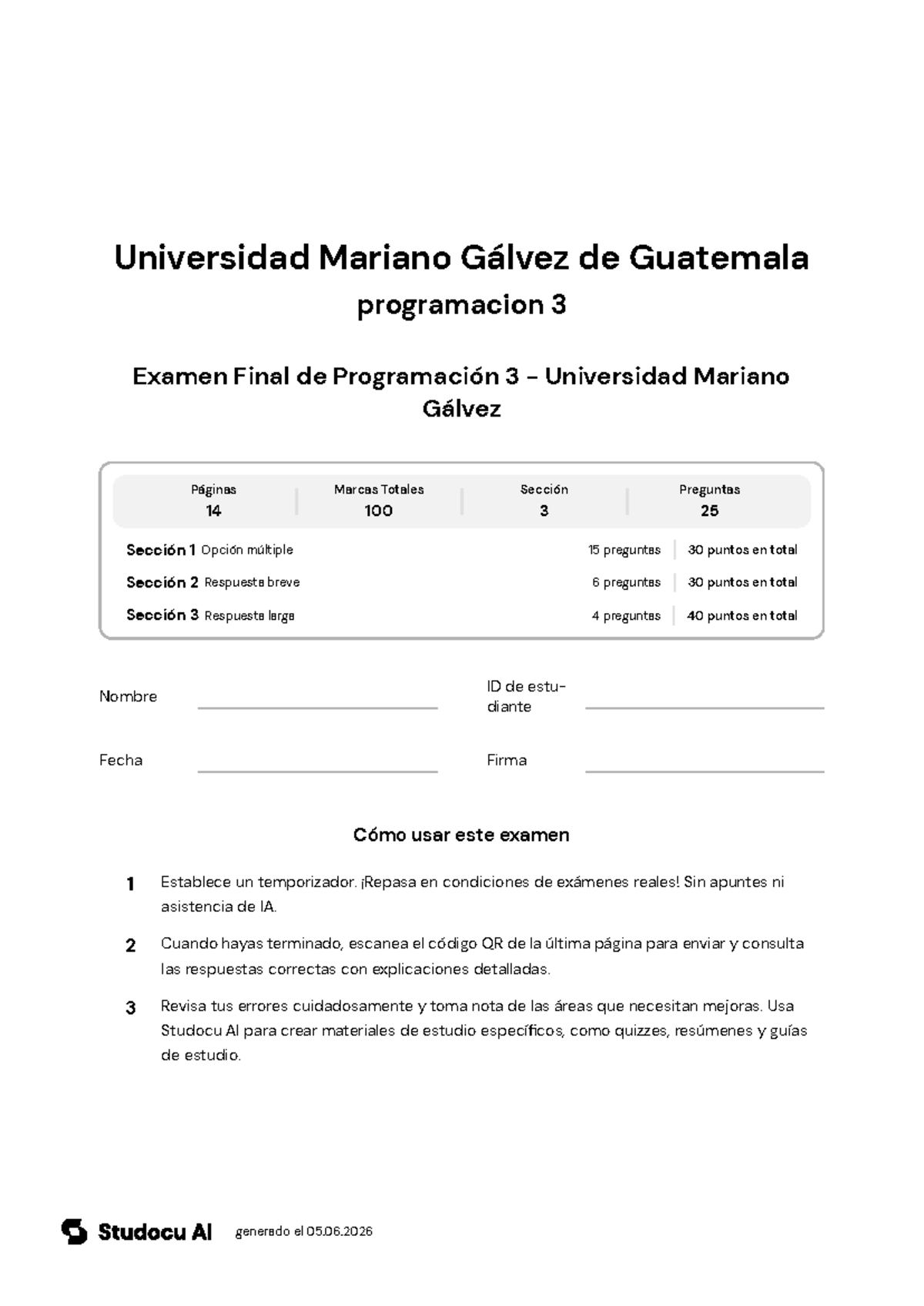 Examen Final de Programación 3 - Universidad Mariano Gálvez - Studocu