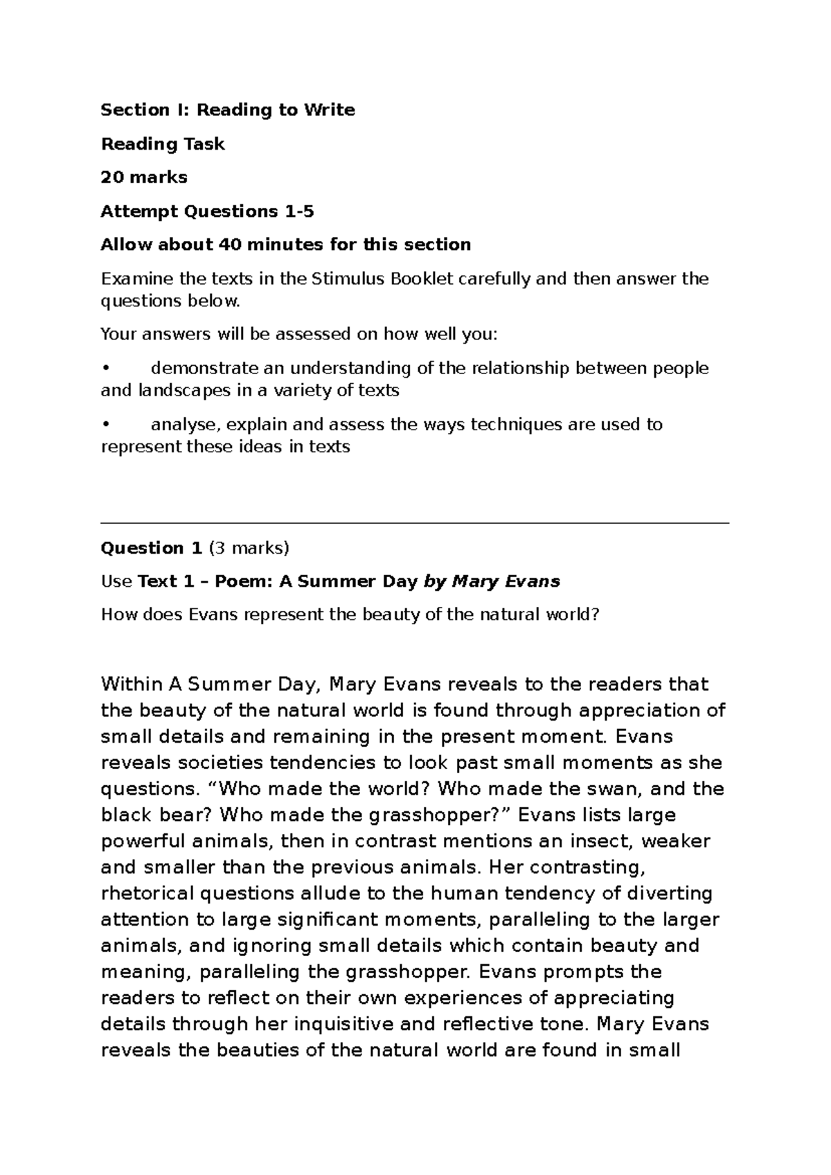 Reading Task Questions: Analyzing Texts and Landscapes (20 Marks) - Studocu