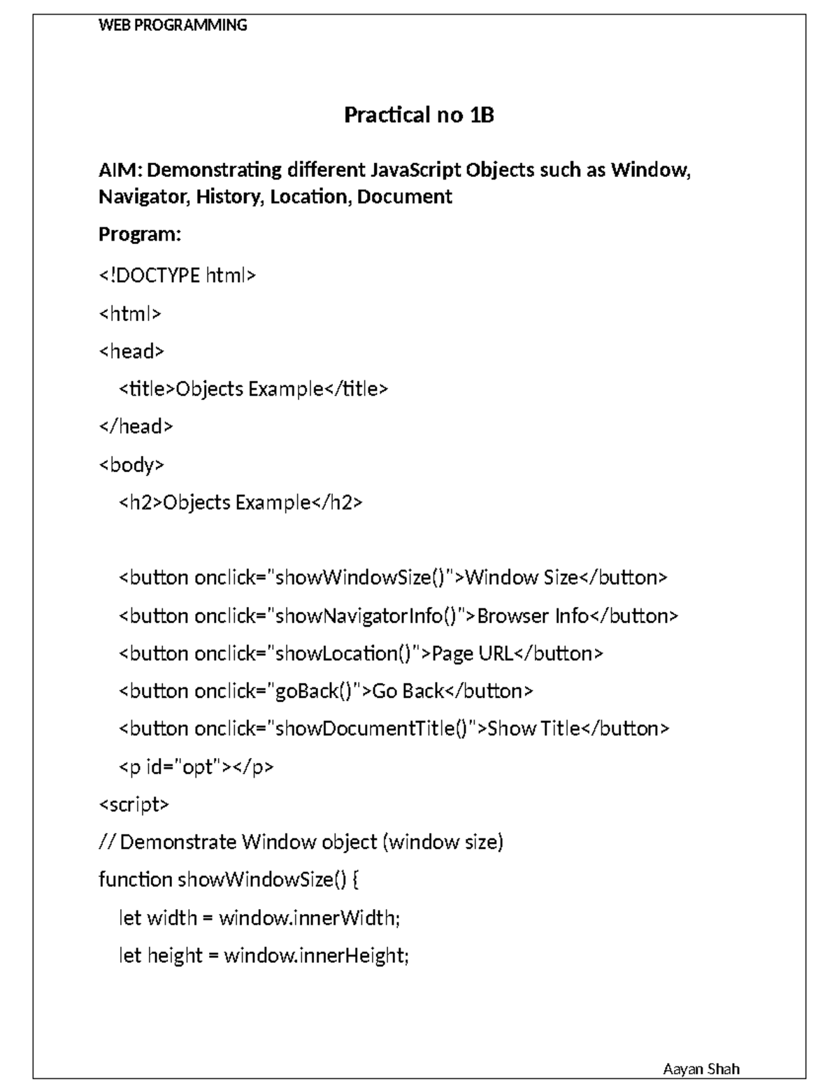 WEB PROGRAMMING Practical 1B & 1C: JavaScript Objects & Cookies - Studocu