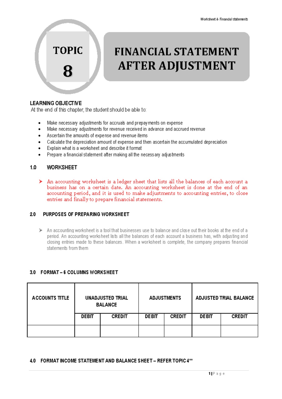 Topic 8 Financial Statements with adjustment - LEARNING OBJECTIVE At ...