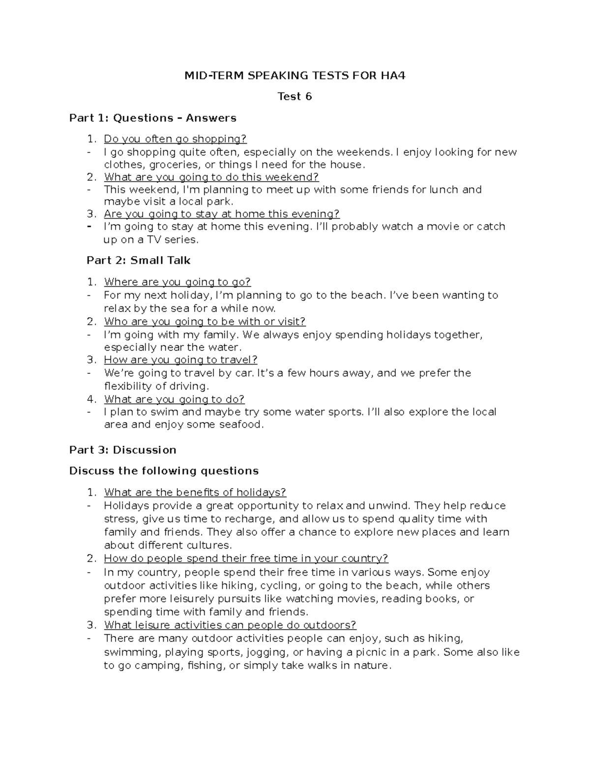 MIDTERM HA SPEAKING TEST - Questions & Discussion Guide - Studocu