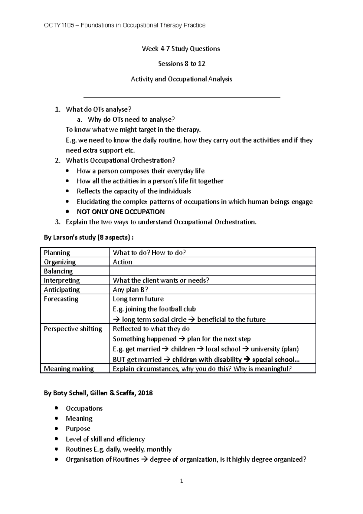 OT 202: Week 4-7 Study Questions on Activity and Occupational Analysis ...