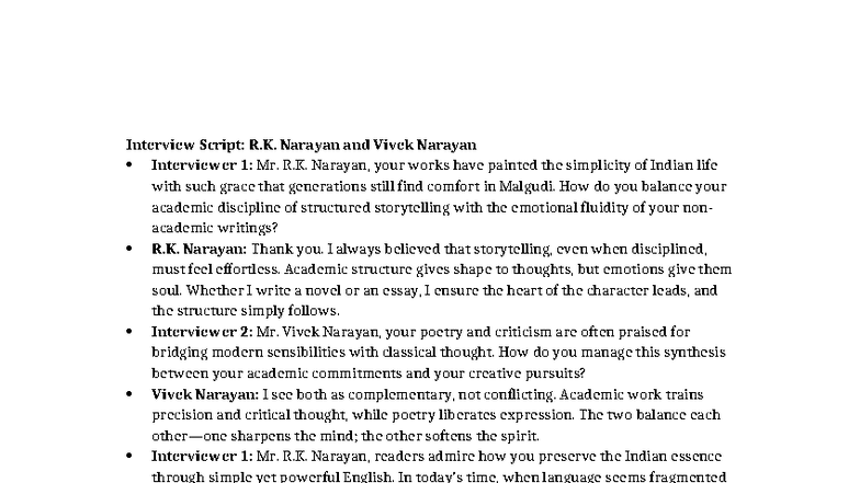 Interview Script: Insights from R.K. Narayan & Vivek Narayan - Studocu